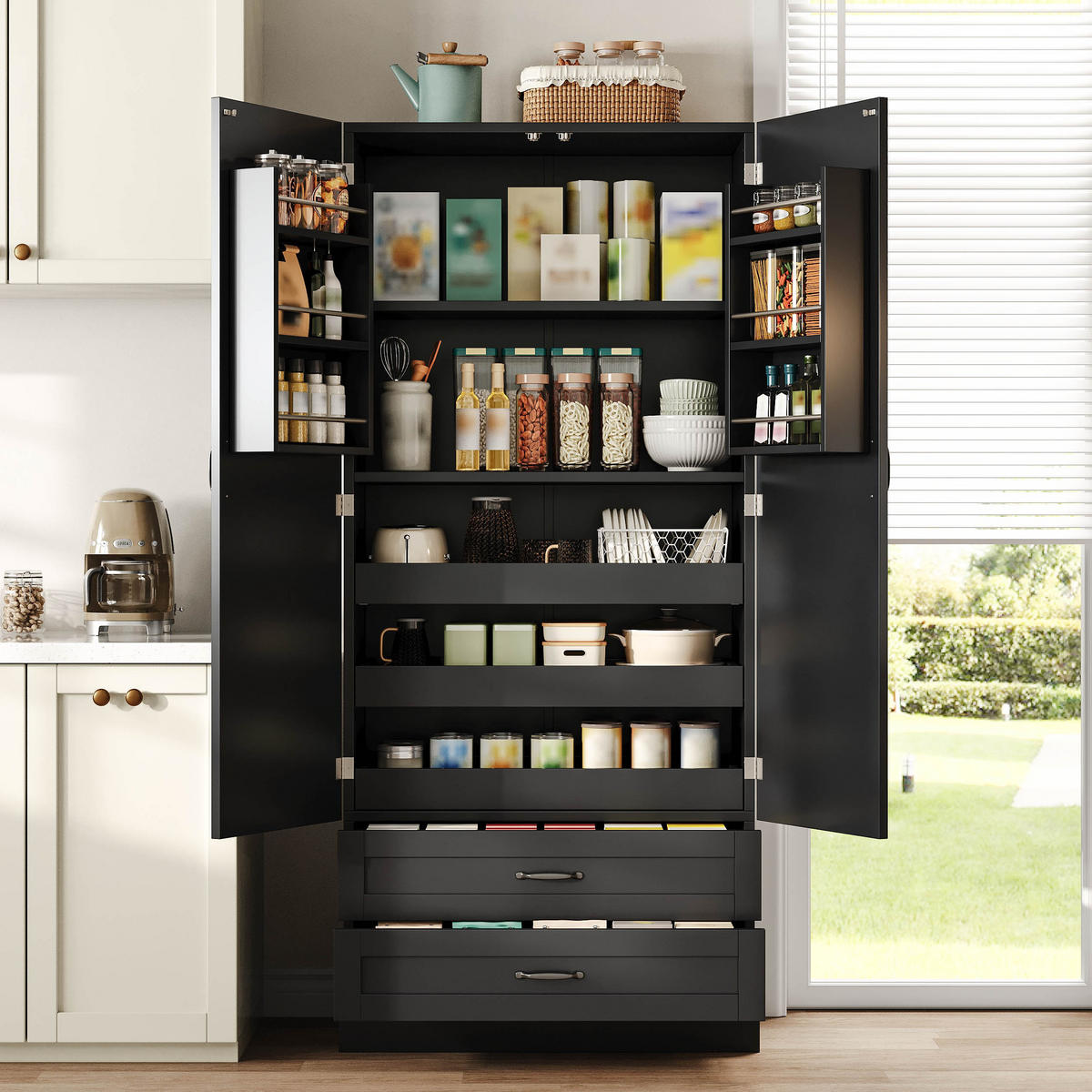 GESCHIRRSCHRANK 180 cm MDF Schwarz mit Ausziehböden und Türregalen - Schwarz, Holzwerkstoff (37.5/180/80cm) - Korfee