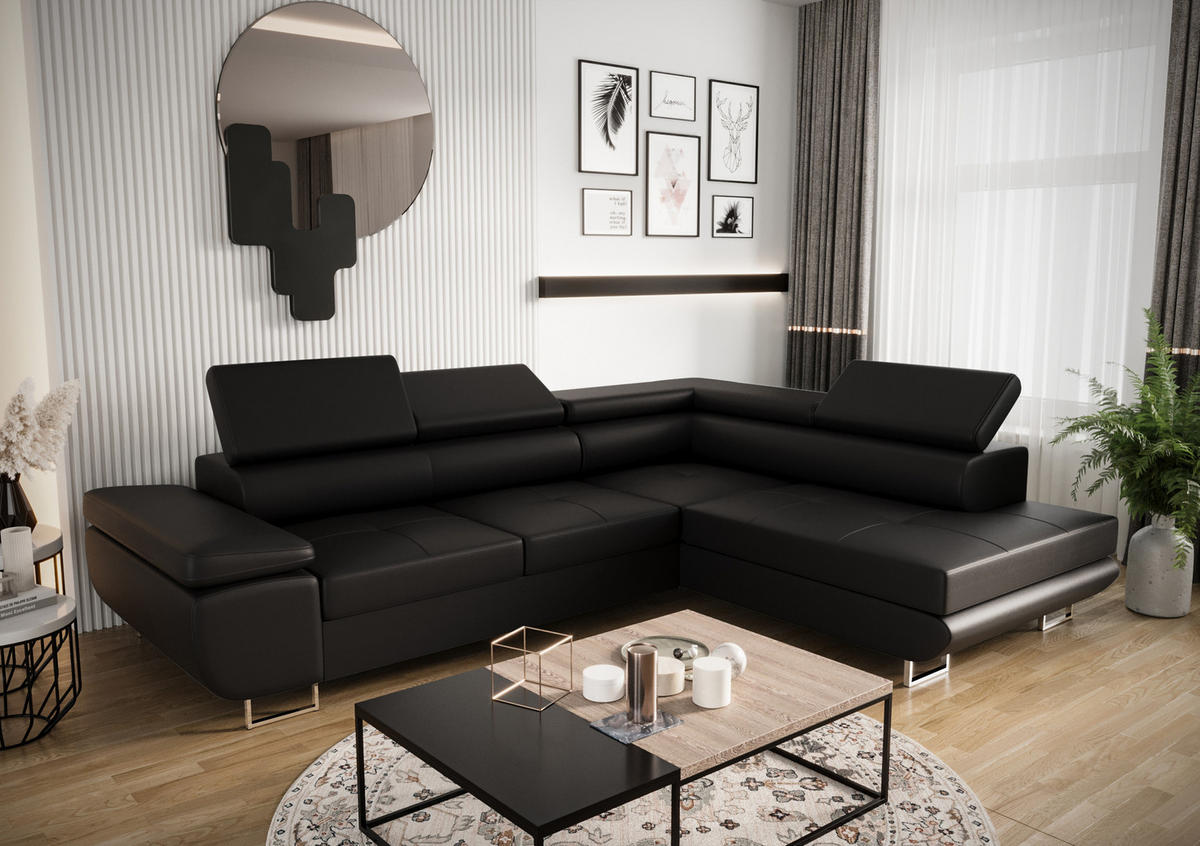 ECKSOFA PRAGA DESIGN L, Eckcouch in L-Form mit Schlaffunktion, Farbe: Schwarz, Kunstleder, Ottomane Universal - Schwarz, Textil (275/202cm) - O-Sofa