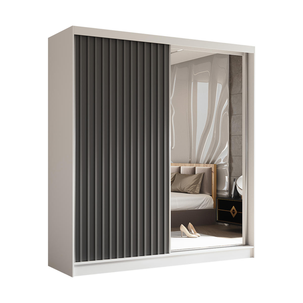 SCHWEBETÜRENSCHRANK LAMELLO 200/216/61 cm 2-türig mit Spiegel Weiß - Weiß/Grau, Holzwerkstoff (200/216/61cm) - MASSENO