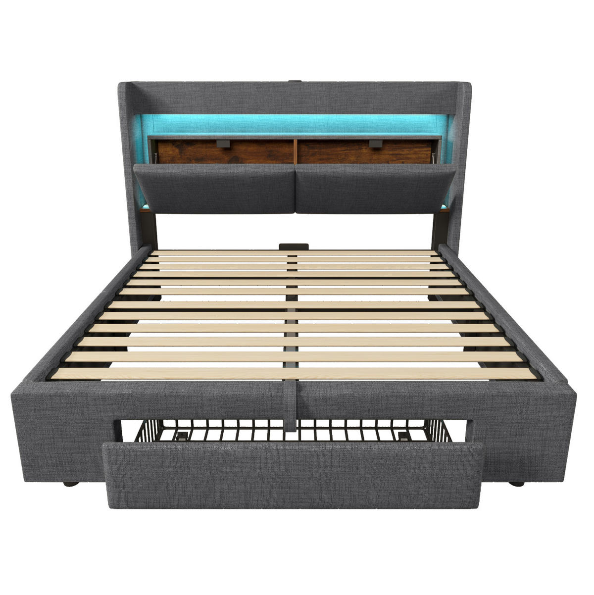 POLSTERBETT aus Leinen 140x200 cm Grau mit hydraulischem Stauraum, LED, USB und USB-C - Grau, Textil (140/200cm) - IVMEU