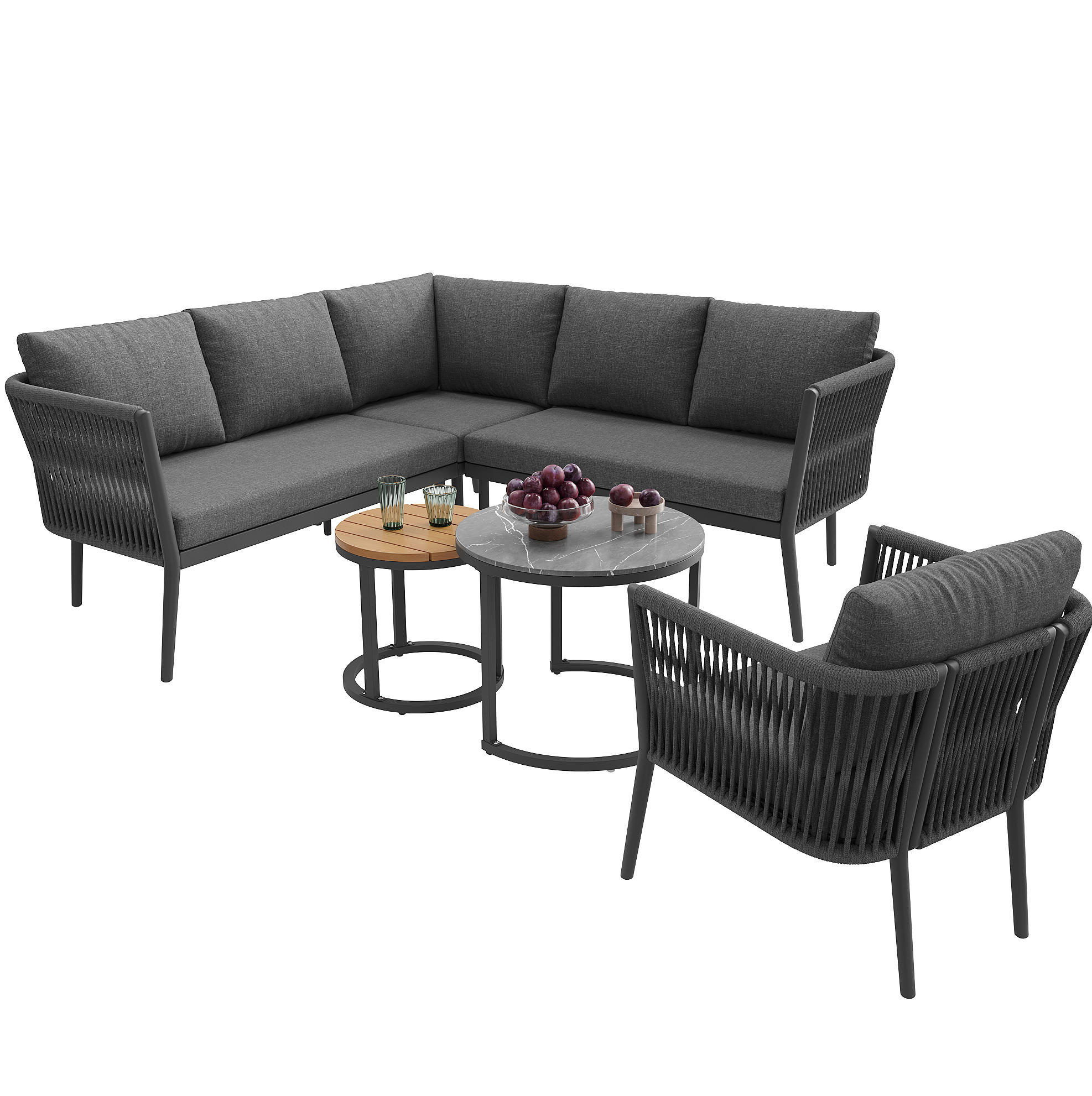 OKWISH ZAHRADNÍ lounge set 114,5/61/67 cm šedý z kovu a olefinu modulární 6dílný