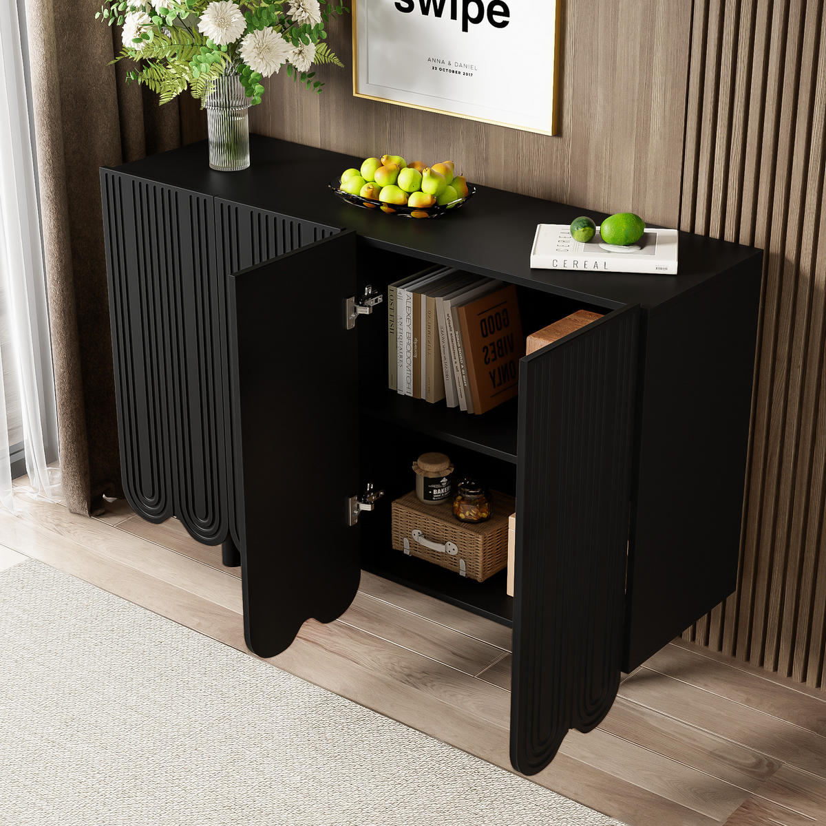 SIDEBOARD 4-türig aus MDF in Schwarz mit tropfenförmigen Schnitzereien und Soft-Close-Scharnieren, 120/37,5/80,8 cm, Schwarz - Schwarz, Holzwerkstoff (120/37.5/80.8cm) - Redom