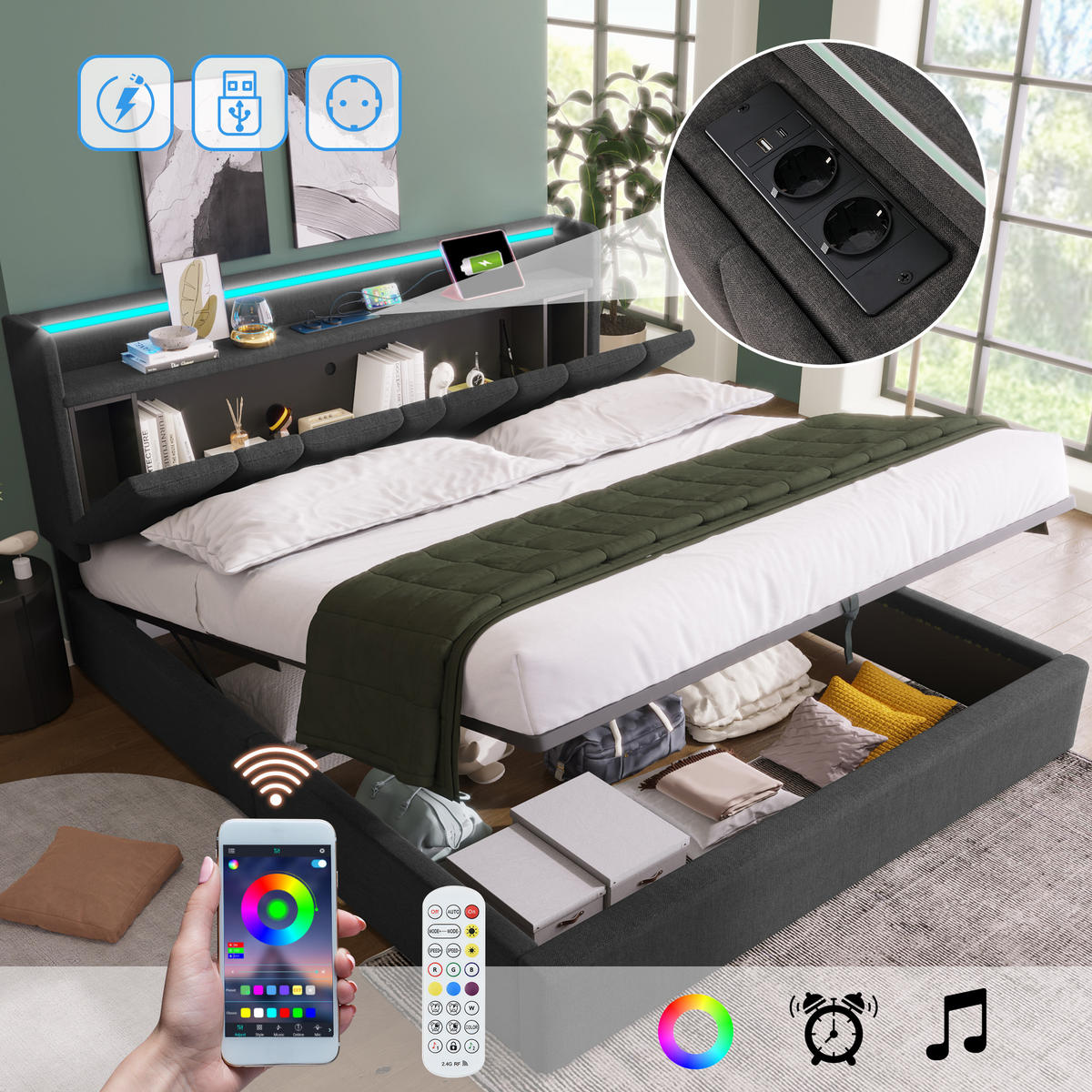 POLSTERBETT 140/200 cm mit Matratze, LED-Beleuchtung, USB, Type-C, Steckdosen und Bettkasten, Grau - Grau, Textil - Redom