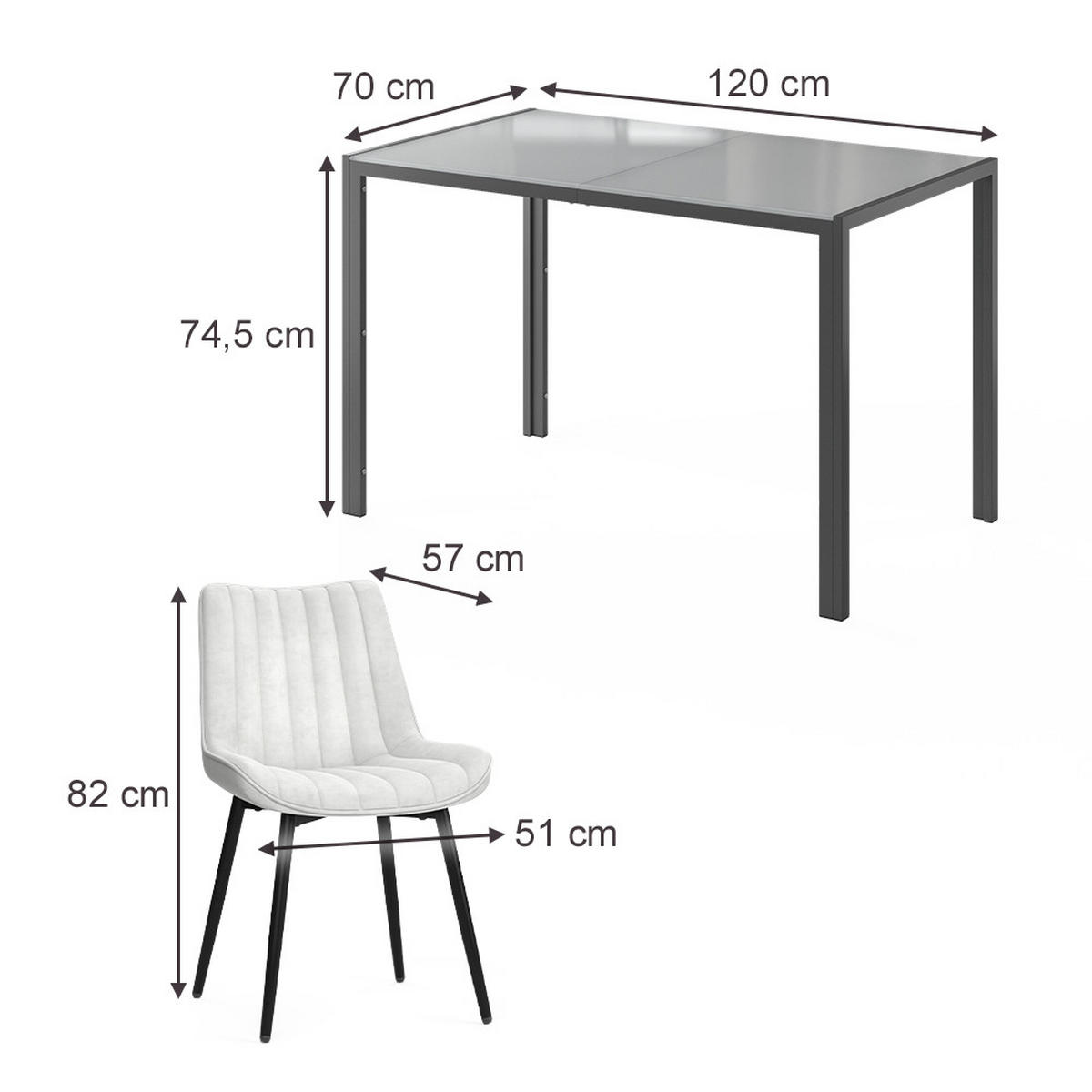 JÍDELNÍ STŮL SESTAVA Grand, Šedá, 120 x 70 cm se 4 židlemi (béžové) - šedá, sklo (120/74.5/70cm) - Vicco