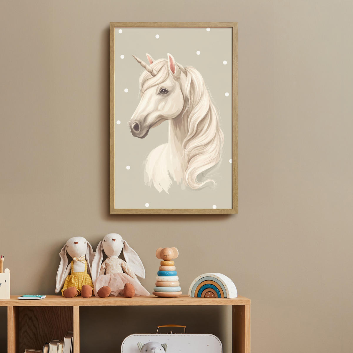NÁSTĚNNÁ LAMPA S AKUMULÁTOREM Jednorožec - bílý - tečky 40x60 cm - šedohnědá, kompozitní dřevo (40/60/8cm) - OnlyWow
