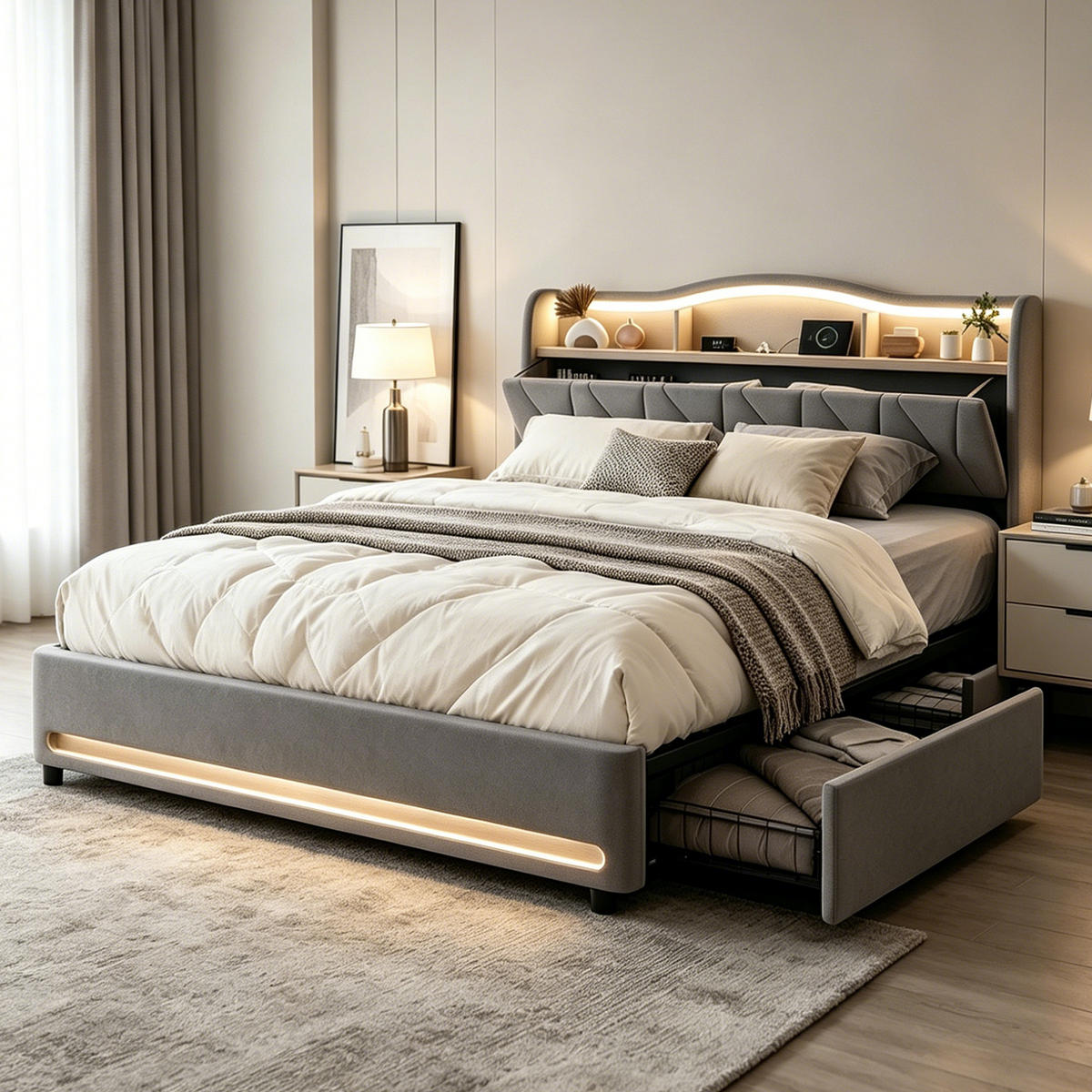POLSTERBETT 140x200 mit stauraum, doppelbett mit LED, 4 Schubladen, Lattenrost, USB, Kopfteil, Samtstoff, Grau - Grau, Holz/Textil (140/200cm) - GENKI LIVING