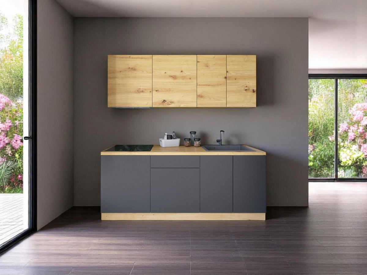 KÜCHENZEILE 200 cm - Langen K21-M200 - in Artisan Eiche / Grau - Eiche Artisan/Grau, Holz/Holzwerkstoff (200/210/47cm)