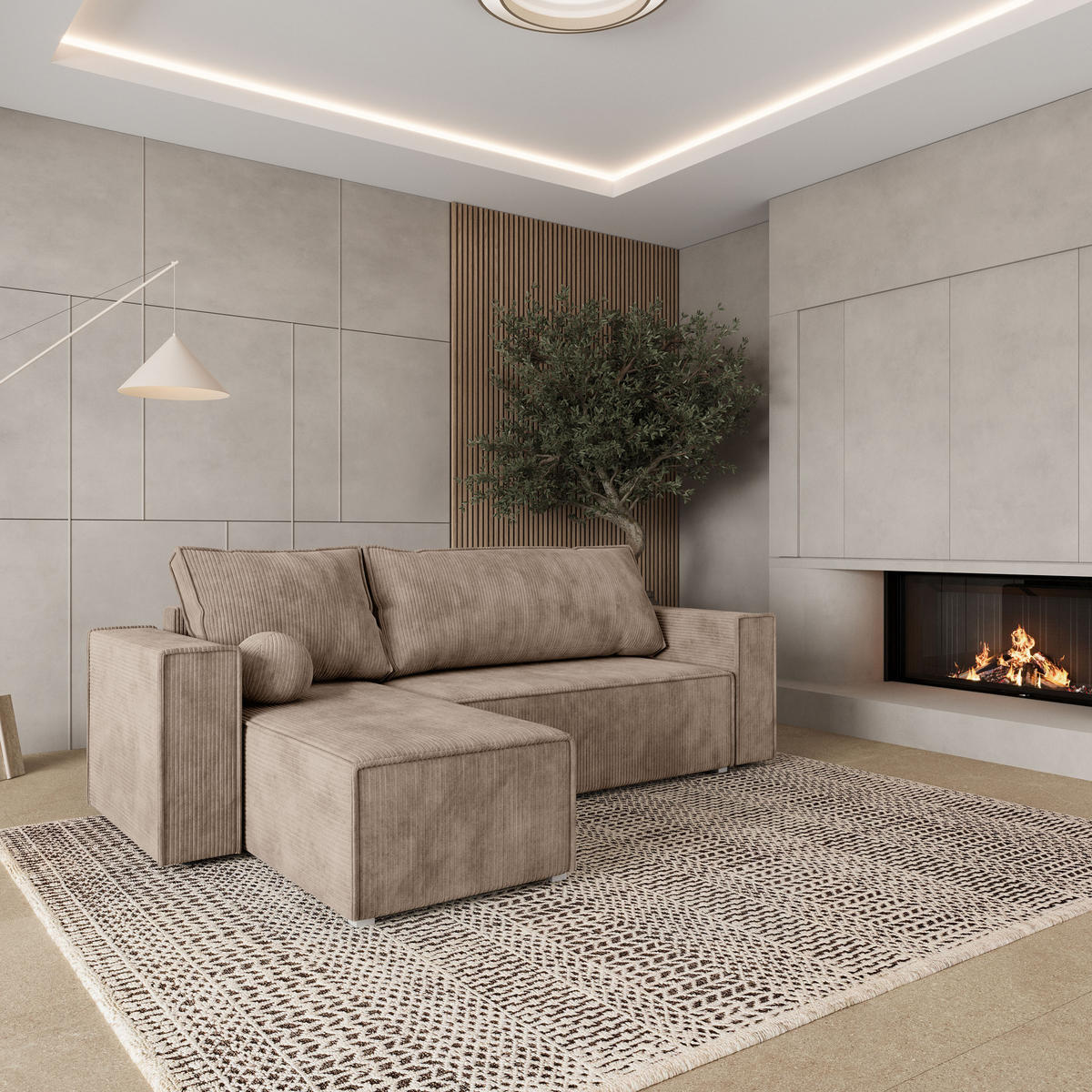 ROHOVÁ SEDAČKA RAVELO béžová - šedá/béžová, dřevo/textil (240/140cm) - MASSENO