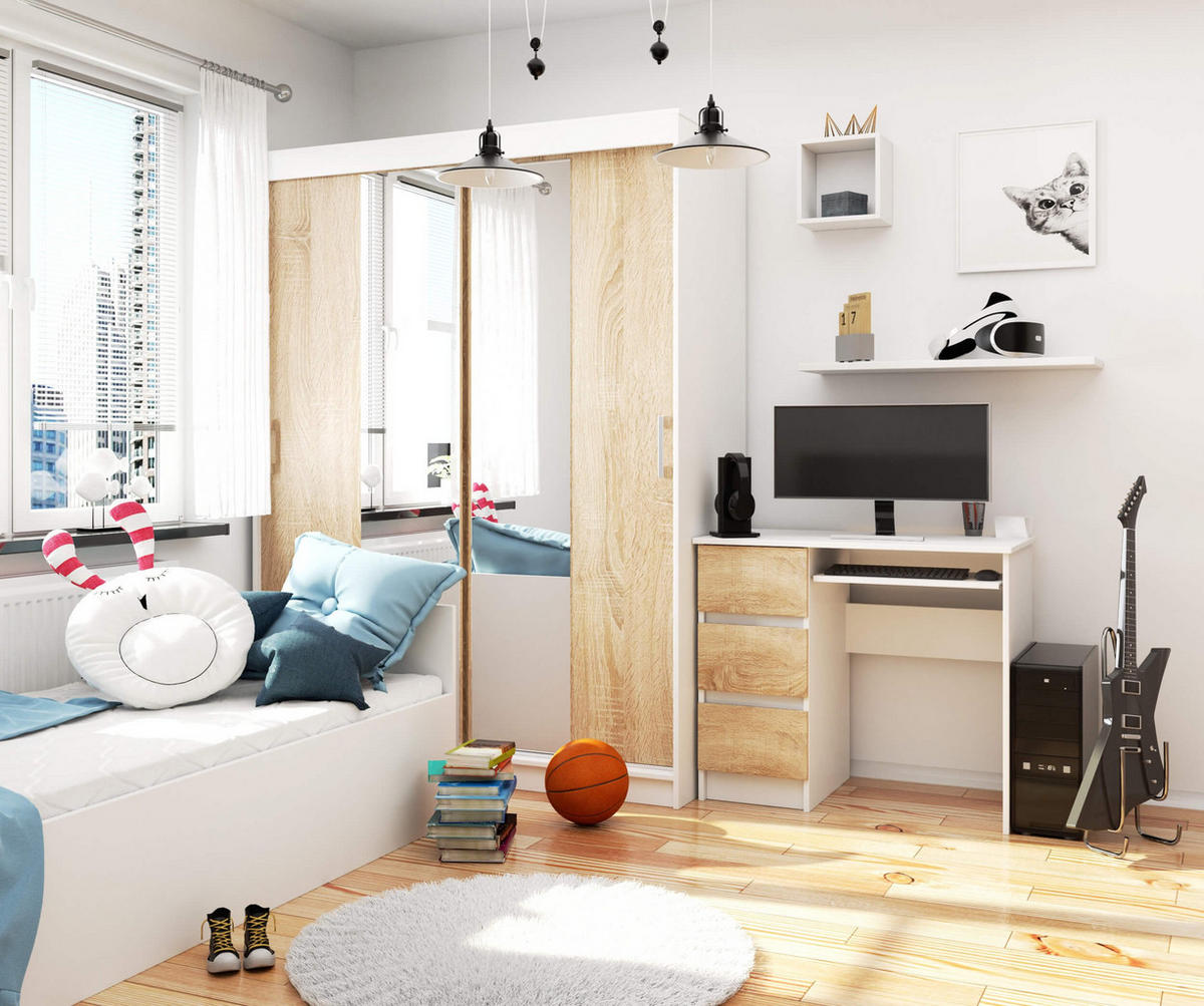 SCHREIBTISCH Weiß, Eiche Sonoma 77/90/50 - Weiß/Sonoma Eiche, Holzwerkstoff (50/90/77cm) - RAUMHIRSCH FURNITURE