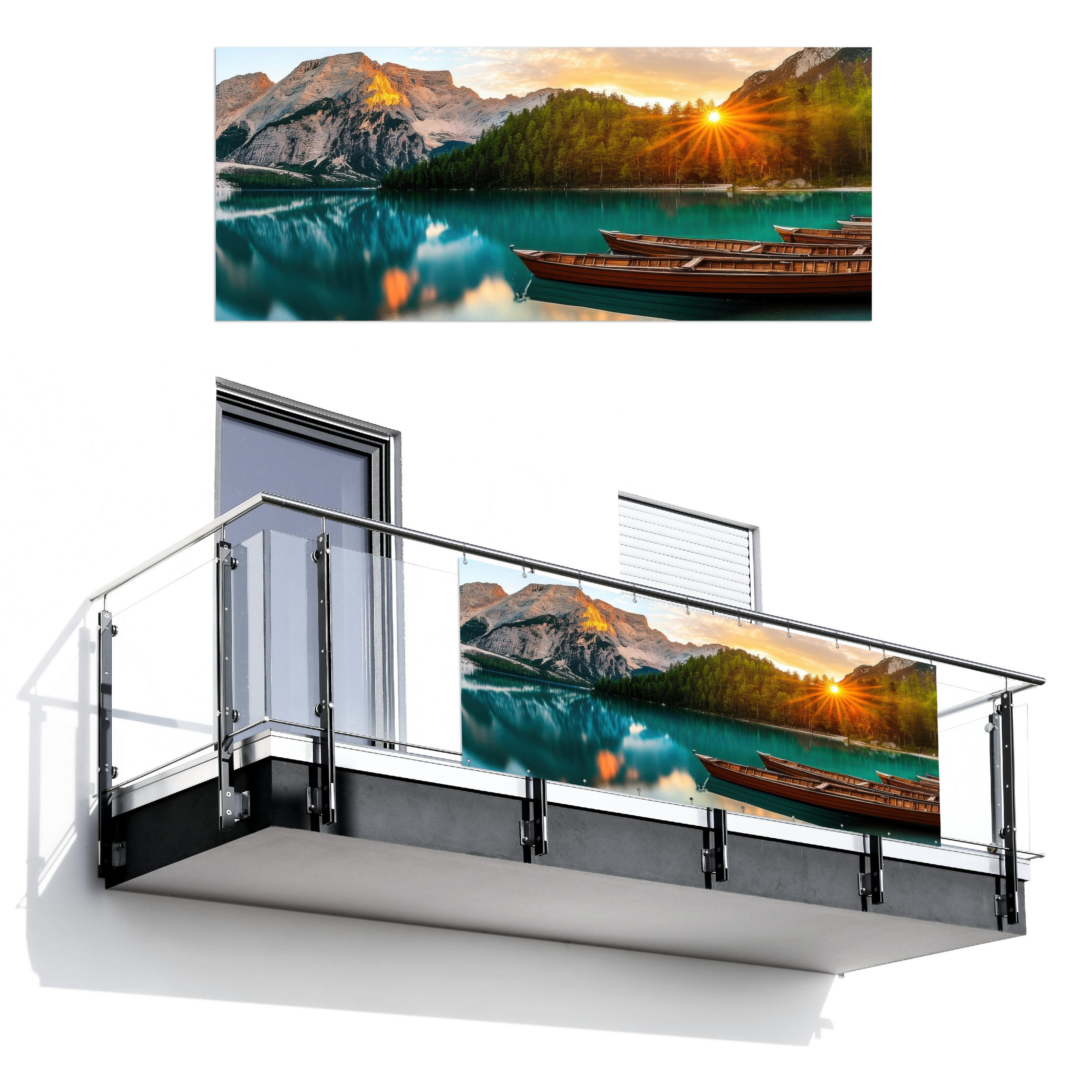 BALKON-SICHTSCHUTZ See - Berge - Sonnenuntergang - Boot - Petrol, Kunststoff (300/130cm) - MuchoWow