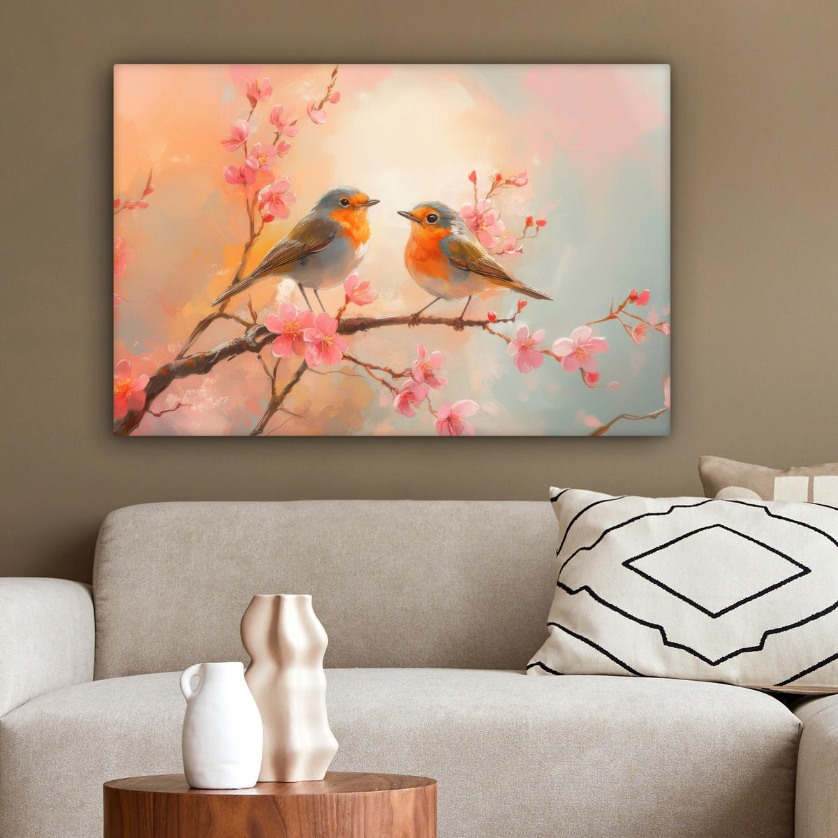 LEINWANDBILD Rotkehlchen - Zierpflanze - Blütenzweig Gemälde 60x40 cm - Hellrosa, Textil (60/40cm) - MuchoWow
