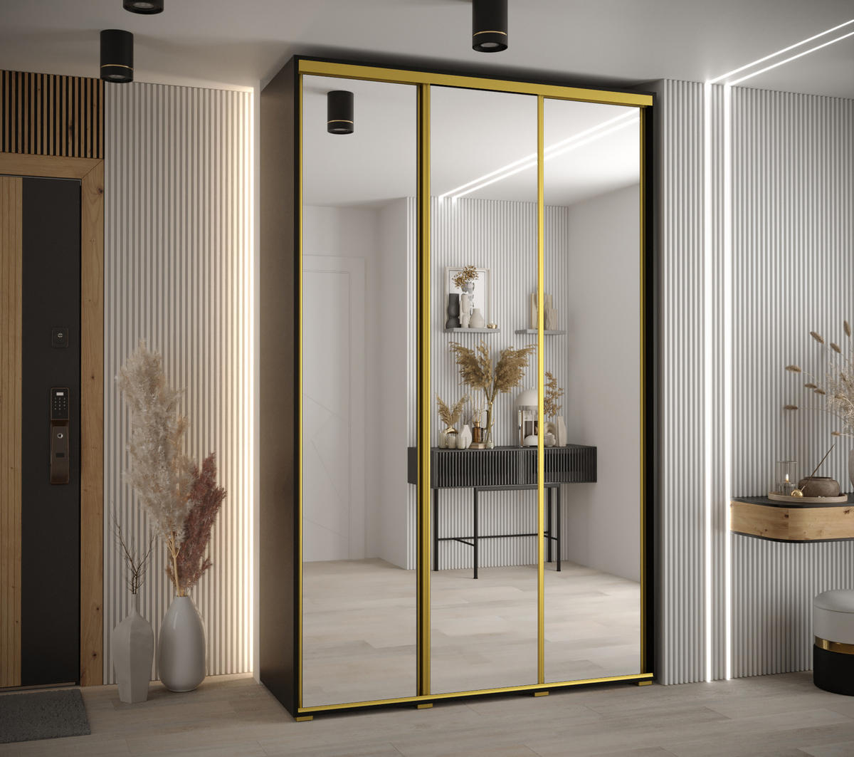 SCHWEBETÜRENSCHRANK 235,2/160/45 3-türig - Goldfarben/Schwarz, Holz/Metall (160/235/45cm) - Abiks Möbel