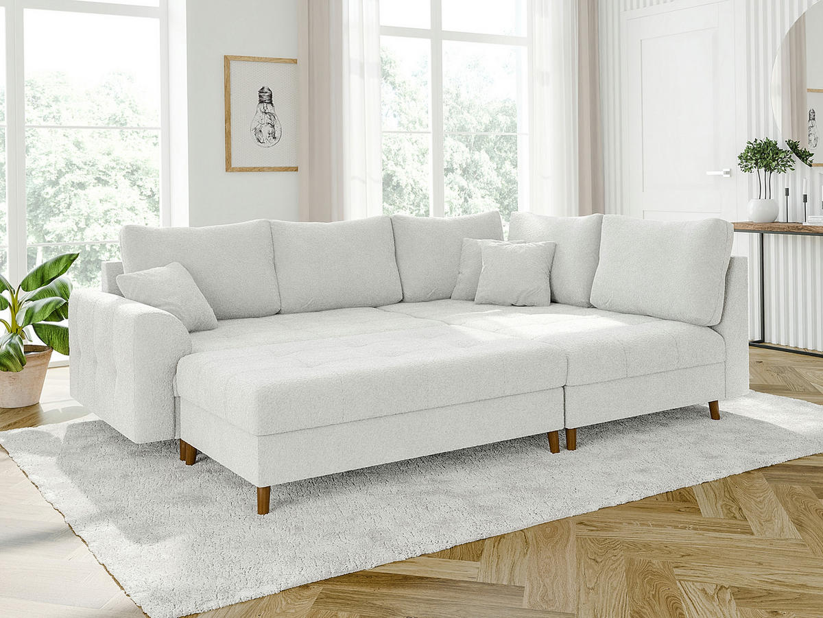 ECKSOFA inkl. Hocker Henrik Weiß Boucle - Ottomane rechts - Weiß/Braun, Holz/Textil (231/161cm) - S-Style Möbel