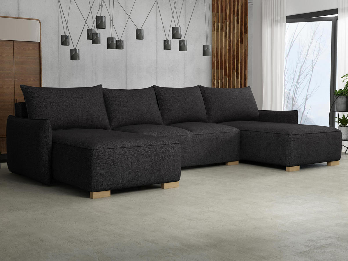 WOHNLANDSCHAFT Focus U - Schwarz/Naturfarben, Holz/Textil (328/87/155cm) - MIRJAN24