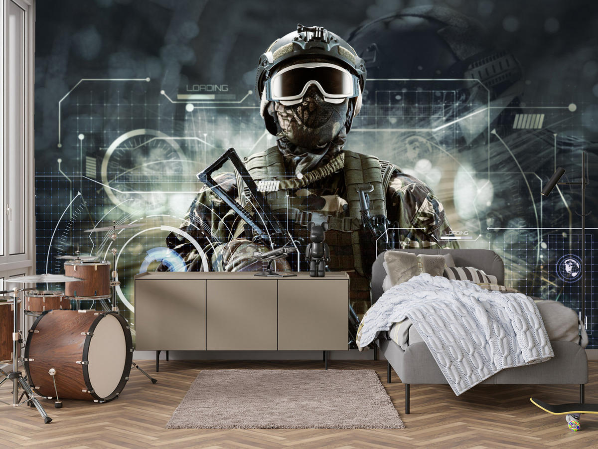 FOTOTAPETE für Jugendzimmer Futuristischer Soldat Krieger 300x210 - Braun/Grau, Papier (300/210cm) - Muralo