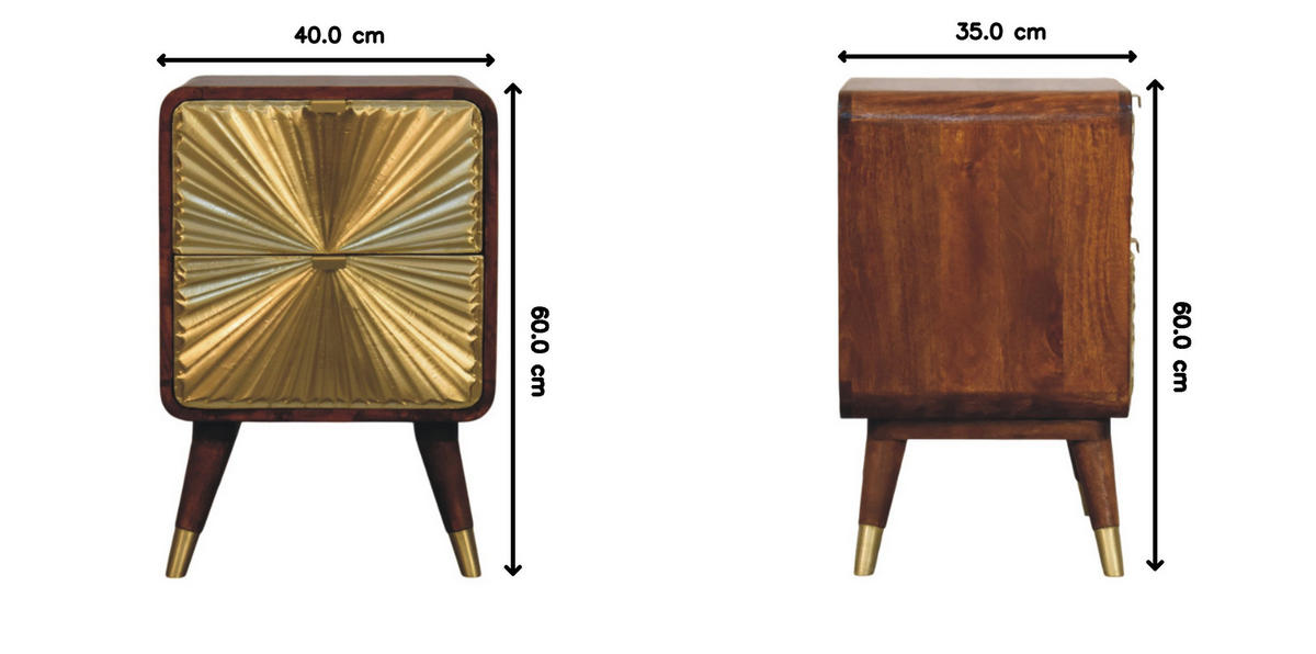 NOĆNI ORMARIĆ od masivnog drva, s mjedenim reljefom, 2 ladice, Avora - smeđa, drvo (40/10/35cm) - Artisan Furniture
