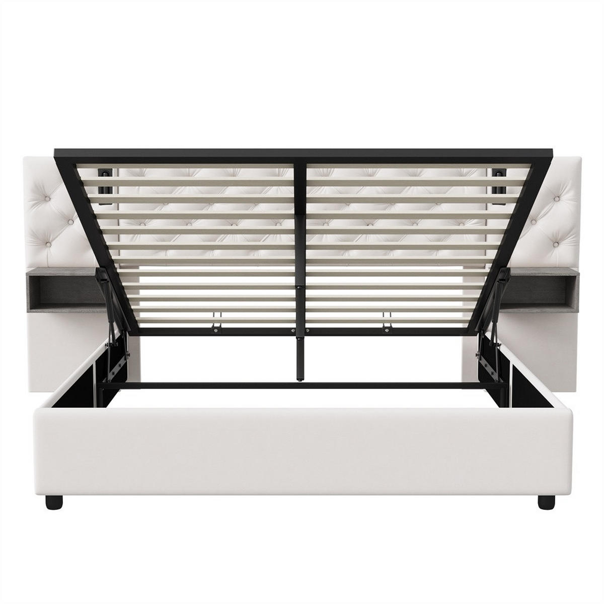 POLSTERBETT 160x200 cm mit Hydraulischem Bettkasten - Leseleuchte - 2 Nachttischen - Knopfheftung Kopfteil - Cremeweiß - Creme, Textil (160/200cm) - DELFA