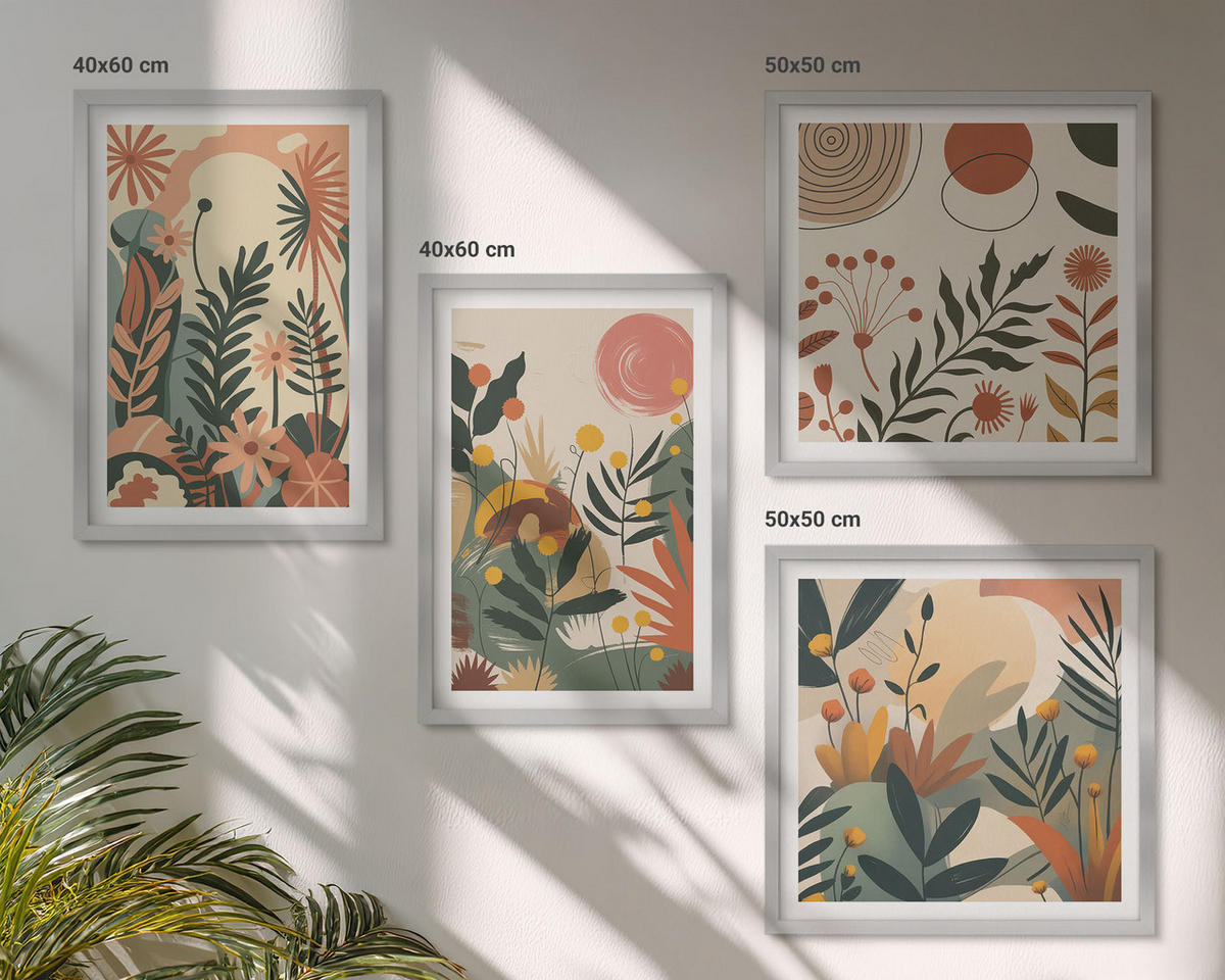 BILDER SET 4er Set - 50x50 cm & 40x60 cm Silberner Rahmen - Pastellfarbene Pflanzenmuster - Silberfarben, Kunststoff (50/50cm) - TULUP