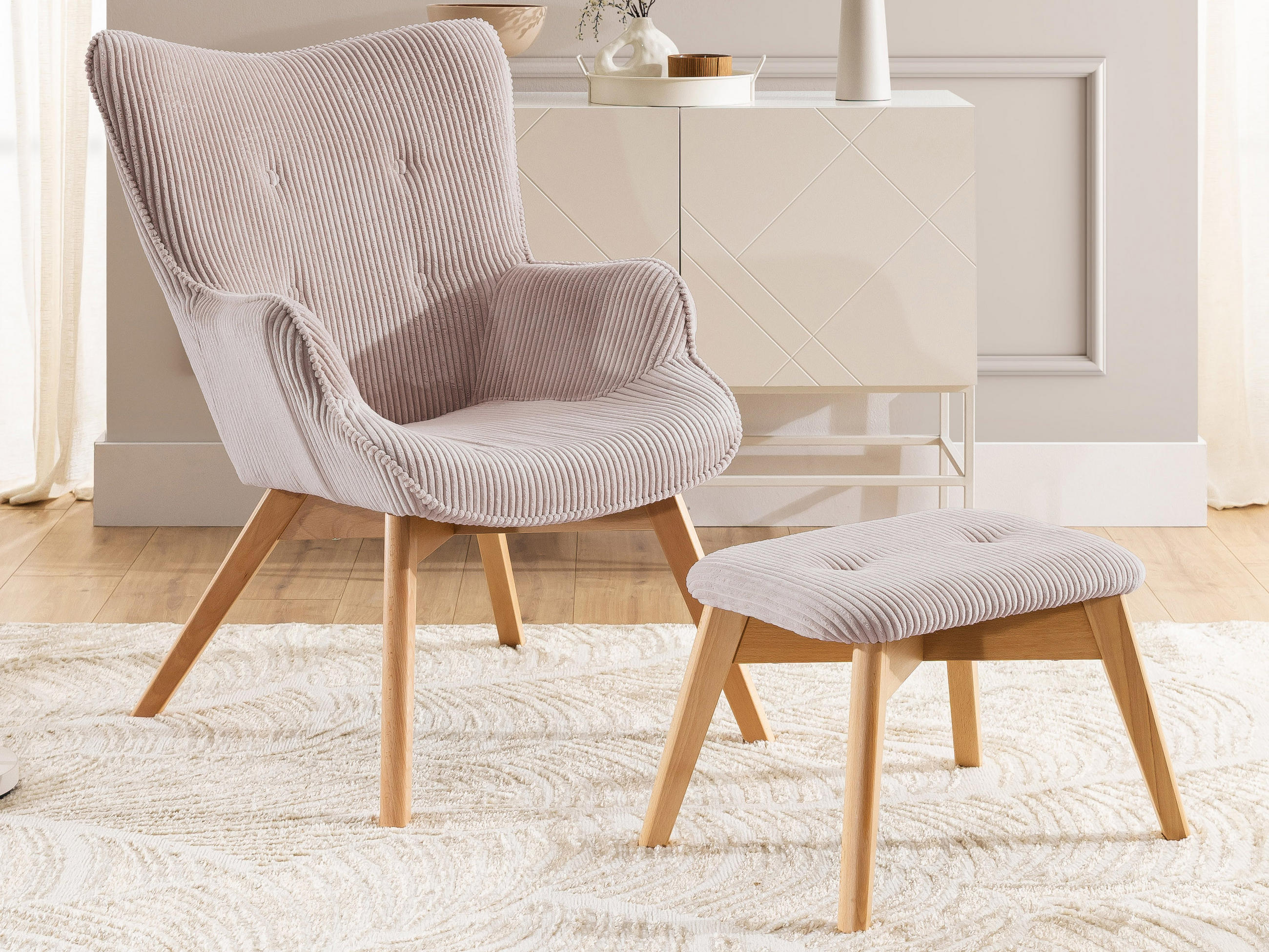 LOUNGESESSEL mit Fußhocker Lenari Puderrosa Cordstoff mit Füßen in Natur - Hellrosa/Naturfarben, Holz/Textil (71/96/86cm) - S-Style Möbel