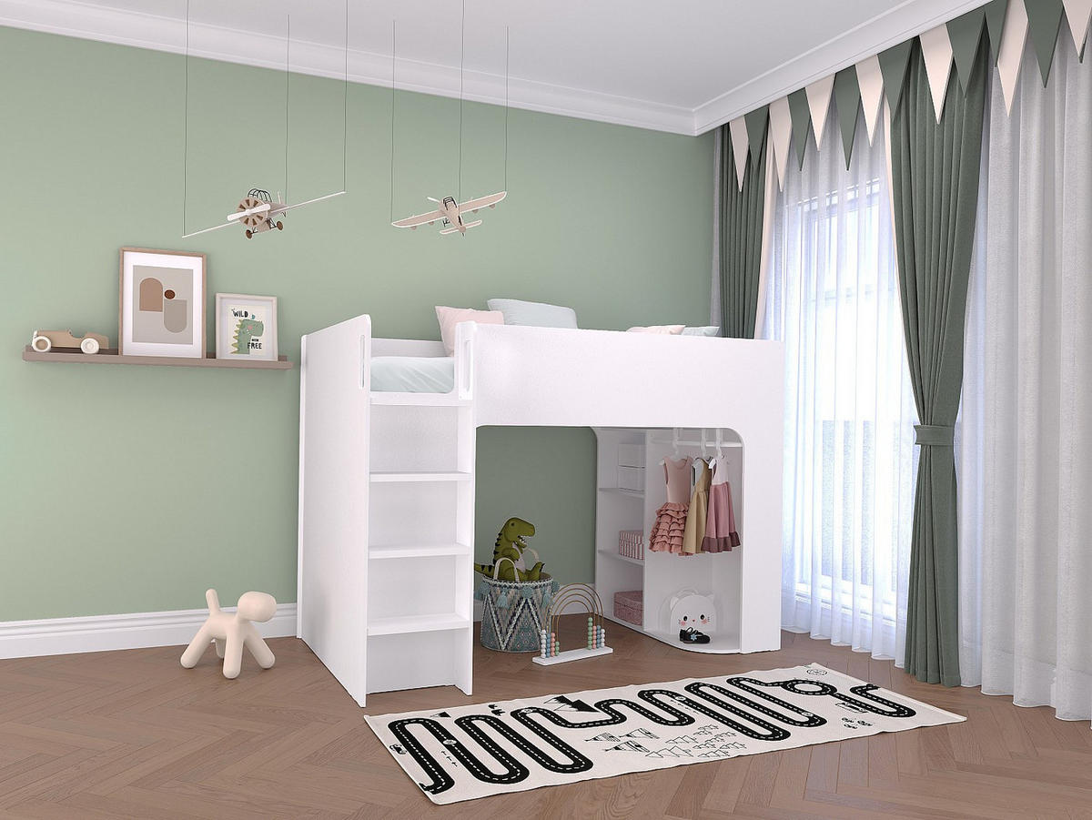 HOCHBETT mit Stauraum - 90 x 190 cm - Weiß + Matratze - COLUMI - Weiß, Holz (110/200cm) - Vente-Unique