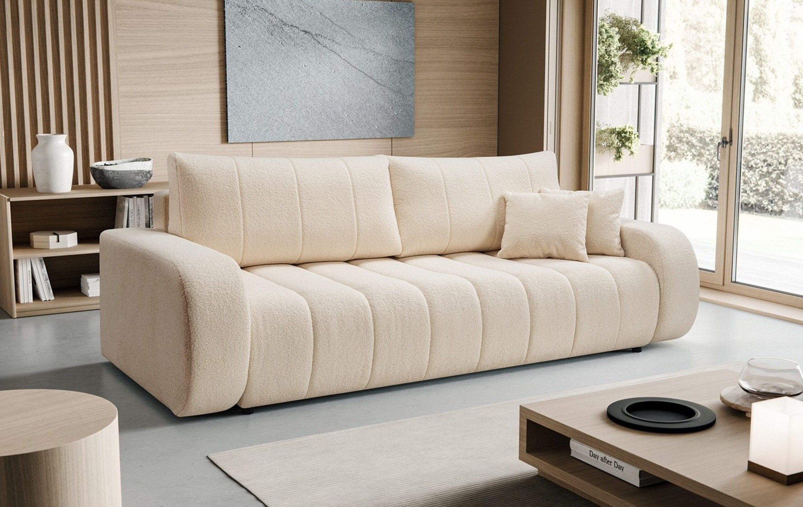 SCHLAFSOFA ALOO, Sofa mit Schlaffunktion und Bettkasten, Farbe: Beige, Bouclé-Stoff - Beige, Textil (248/88/105cm) - Sepro Meble