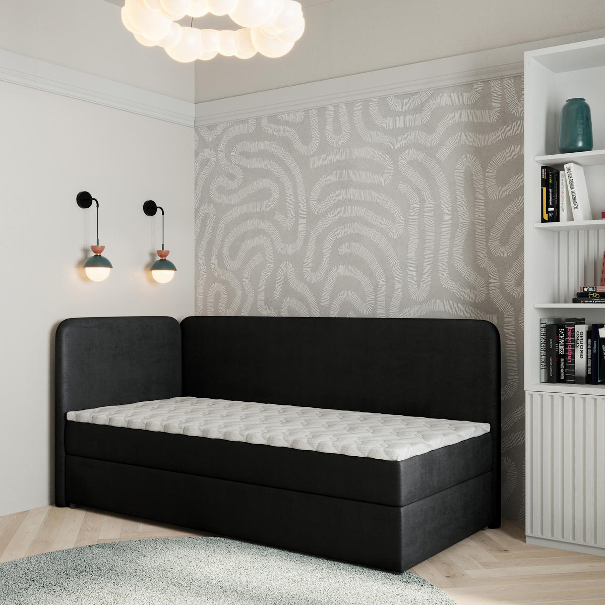 BOXBETT GINA 80x200 cm mit Matratze und Topper, H2+H3 - Schwarz - Schwarz, Holz (80/200cm) - MASSENO