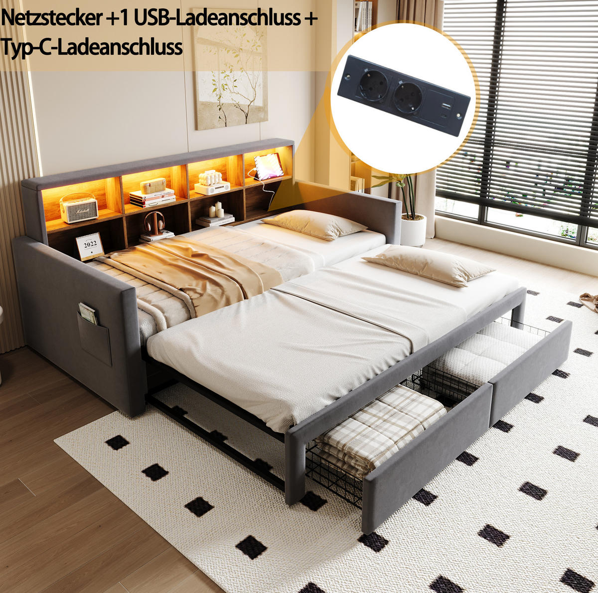 POLSTERBETT 90/190 cm Dunkelgrau aus Samt mit LED-Beleuchtung und Stauraum - Dunkelgrau, Textil (90/190cm) - OKWISH