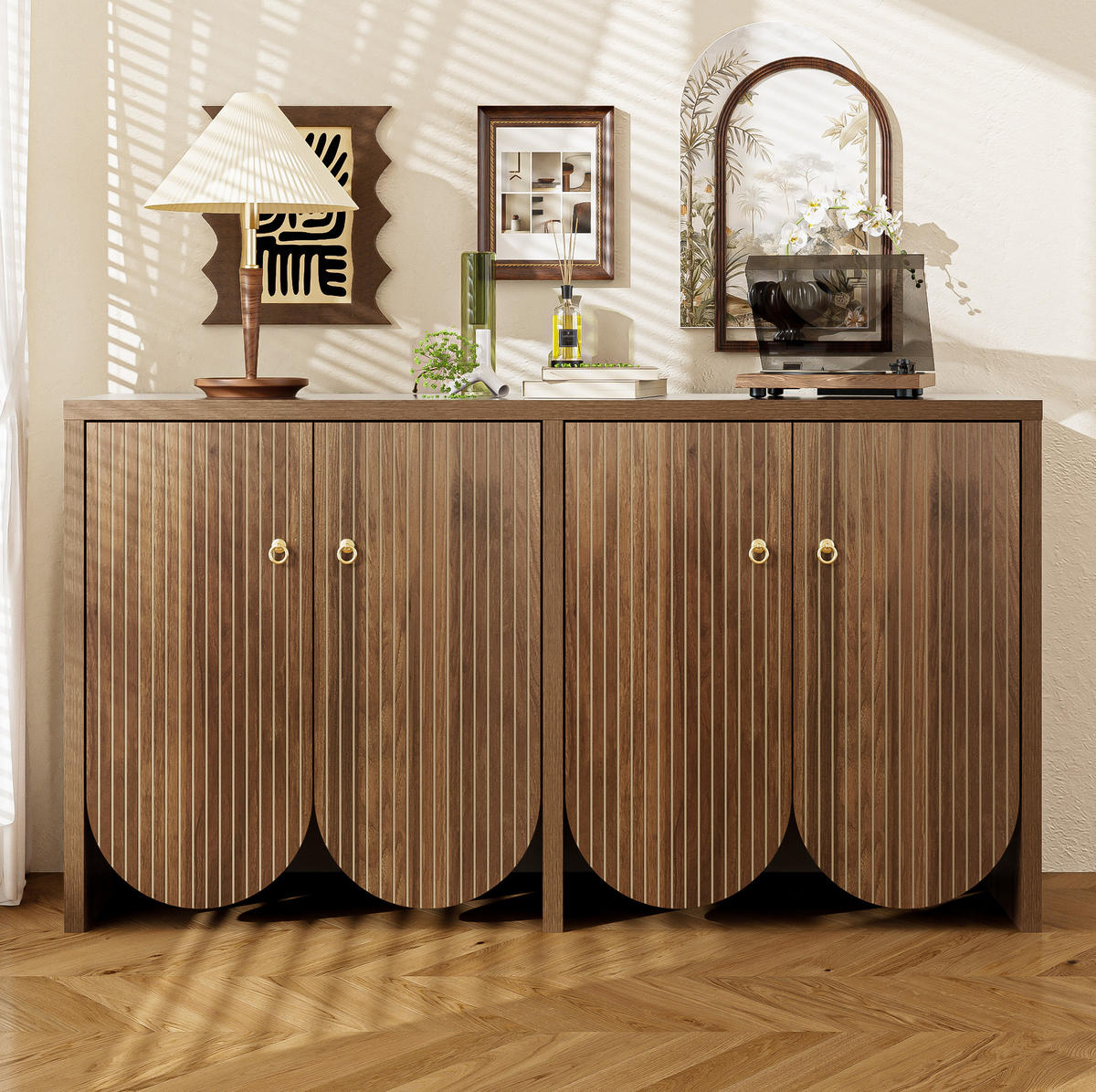 SIDEBOARD 147/40/80 cm mit 4 Türen in Walnussoptik & Rillenfronten - Walnussfarben, Holzwerkstoff (147/80/40cm) - BEAOK
