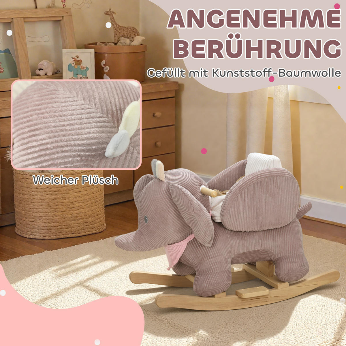 SCHAUKELTIER Elefant-Schaukel interaktive Tiergeräusche weiche Füllung Braun - Braun, Textil (35/50/65cm) - AIYAPLAY