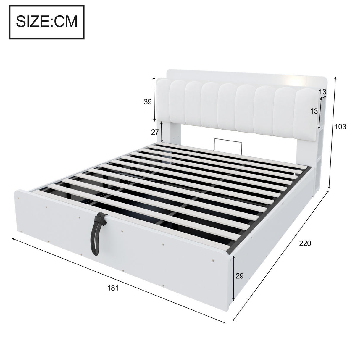BETT 180/200 cm in Weiß mit Bettkasten, USB, Steckdose und Ablage - Weiß, Holzwerkstoff/Textil (180/200cm) - STILVORA