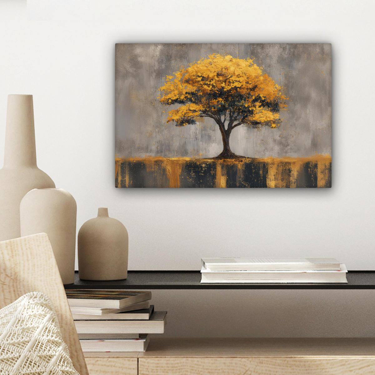 LEINWANDBILD Baum - Blätter - Gold - Abstrakt Deko Schlafzimmer 30x20 cm - Grau, Textil (30/20cm) - MuchoWow