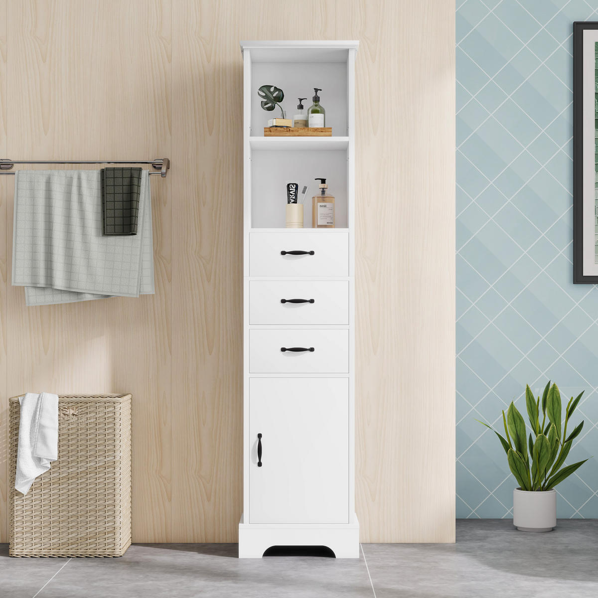 HOCHSCHRANK 38/26/172.5 cm Weiß mit 3 Schubladen und doppelte offene Regalböden - Schwarz/Weiß, Holz/Holzwerkstoff (26/172.5/38cm) - Oxeza