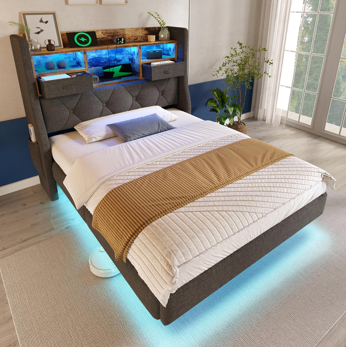POLSTERBETT mit LED-Beleuchtung 90/200 cm mit Ladestation und Stauraum-Kopfteil - Grau, Textil (90/200cm) - BEAOK
