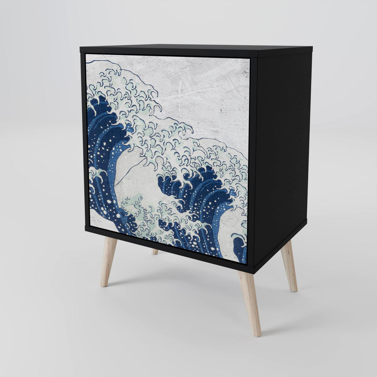 SIDEBOARD THE GREAT WAVE AT KANAGAWA, Schwarz, 57,5x42x70,5 cm, Schwarze Metall-Sternfüße - Multicolor/Schwarz, Holzwerkstoff/Metall (57.5/70.5/42cm) - SpaceRebels