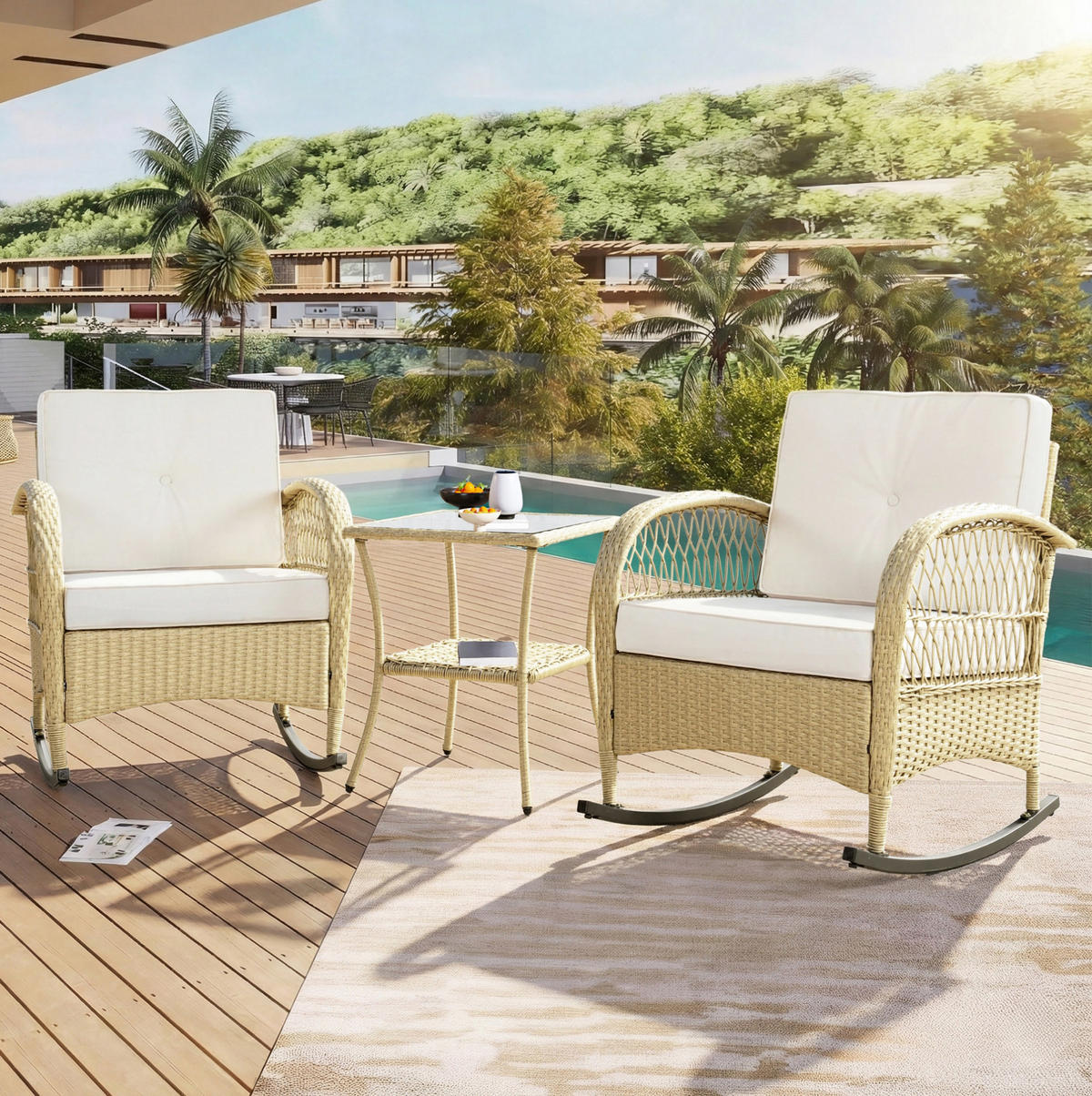 GARTENSETS aus Rattan 3-teilig Beige mit Schaukelstühlen & Glastisch - Beige, Metall - Modfu