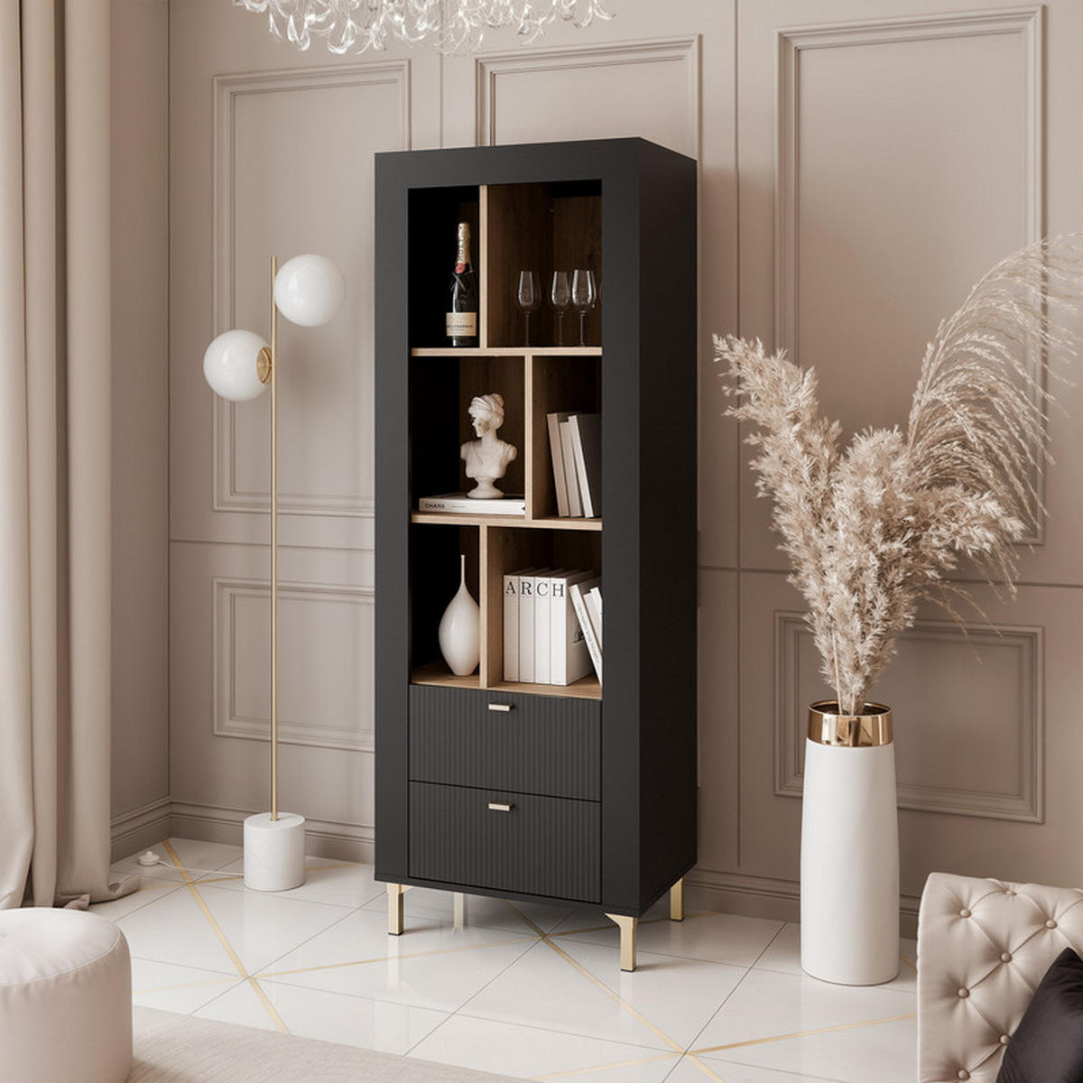 VITRINE AVENA, 60/40/169 cm Schwarz / Eiche - Schwarz, Holzwerkstoff/Kunststoff (60/169/40cm) - Idohome