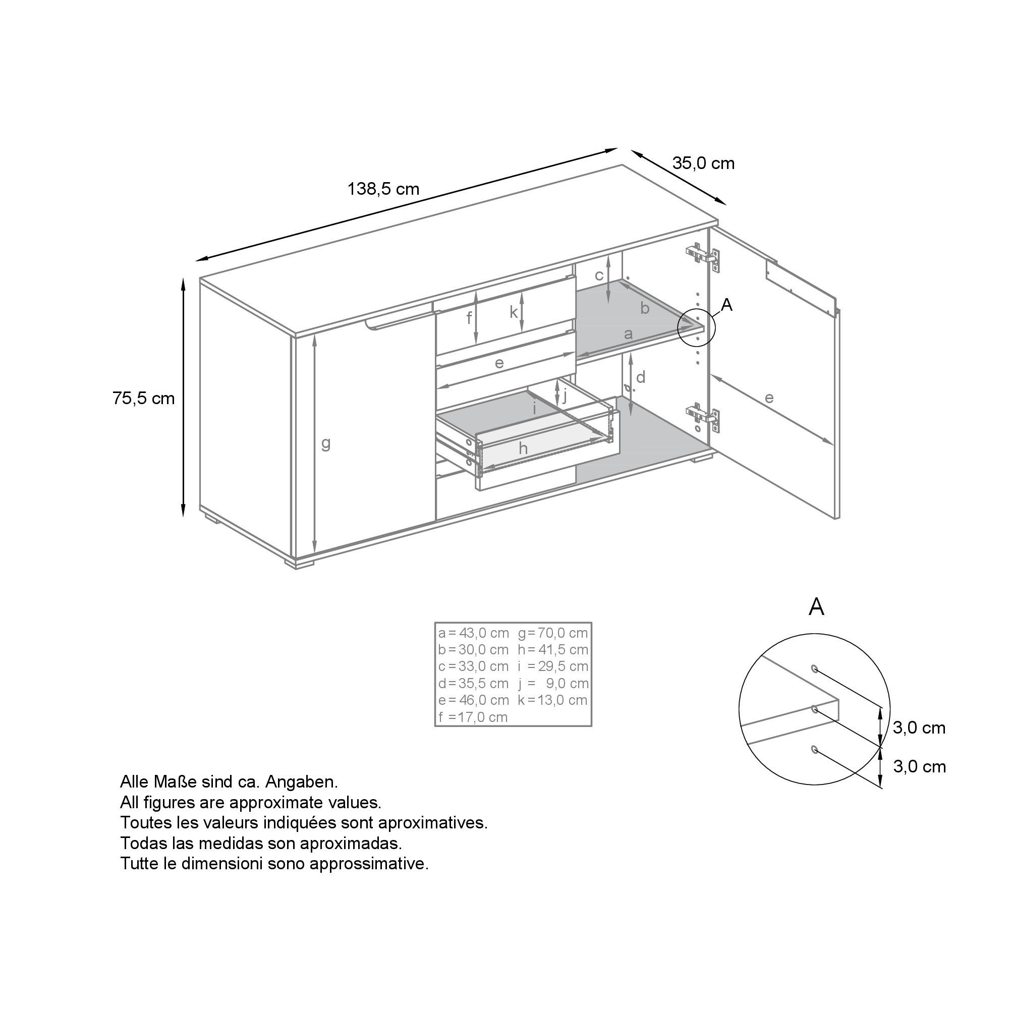 Thumbnail - Vladon Sideboard, Weiß Hochglanz, Anthrazit, Holzwerkstoff, 138.5x75.5x35 cm, Wohnzimmer, Kommoden & Sideboards, Sideboa...