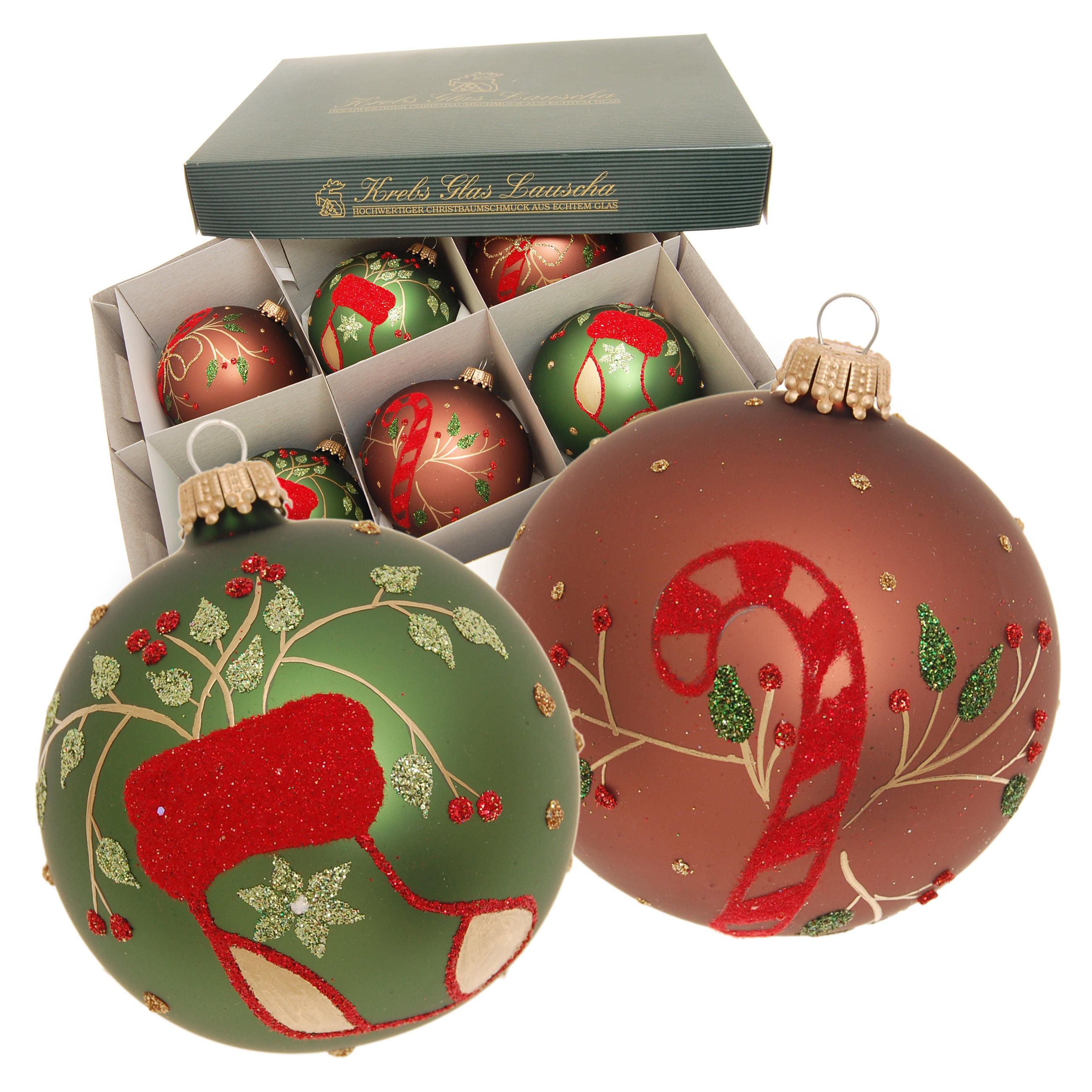 CHRISTBAUMKUGELN Zuckerstangen und Strümpfe Braun 8cm (Glas / 6 Stk.) - Braun, Glas (8/8/8cm) - Krebs Glas Lauscha