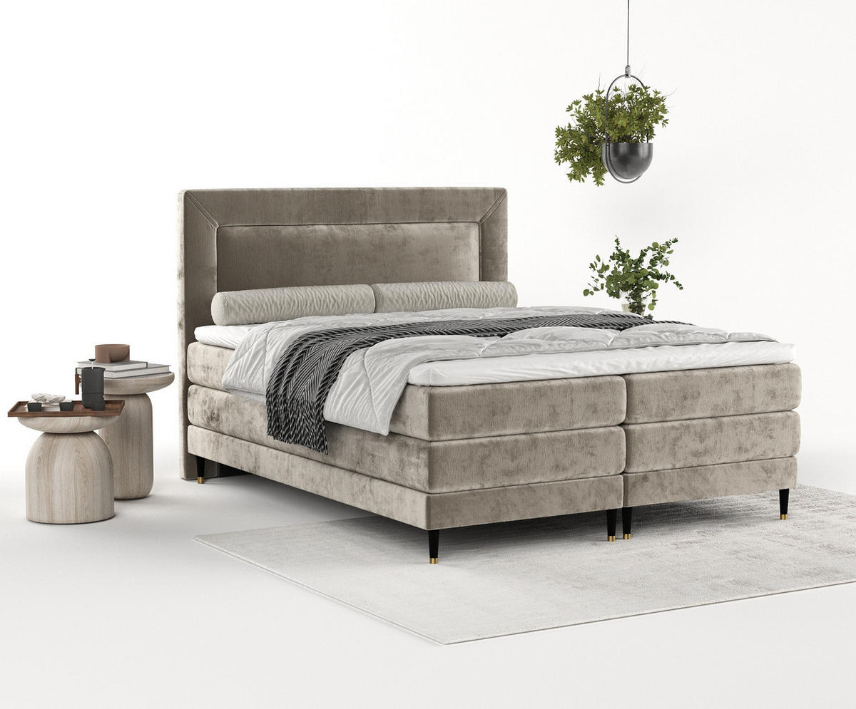 BOXSPRINGBETT Madame Beige 160/200 cm mit Matratzen und Topper - Beige/Schwarz, Holz/Holzwerkstoff (160/200cm) - Maison de Reve