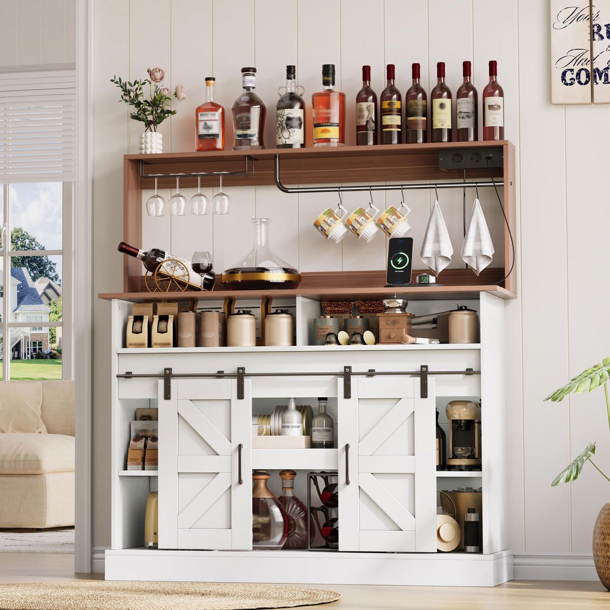 SIDEBOARD 120/40/130 cm Weiß mit Gläserhalter und Steckdosen (2×AC, 2×USB) und Stauraum - Weiß, Holz (120/130/40cm) - Oxeza