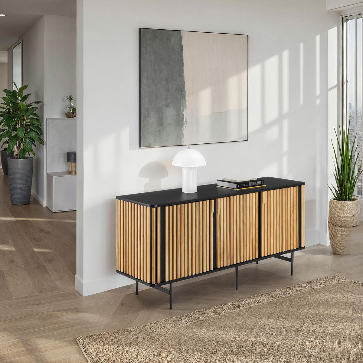 SIDEBOARD Lineo,156 x 45,5 x 74 cm, höhenverstellbare Füße,schwarz/braun - Schwarz/Braun, Holz (156/74/45.5cm) - tectake