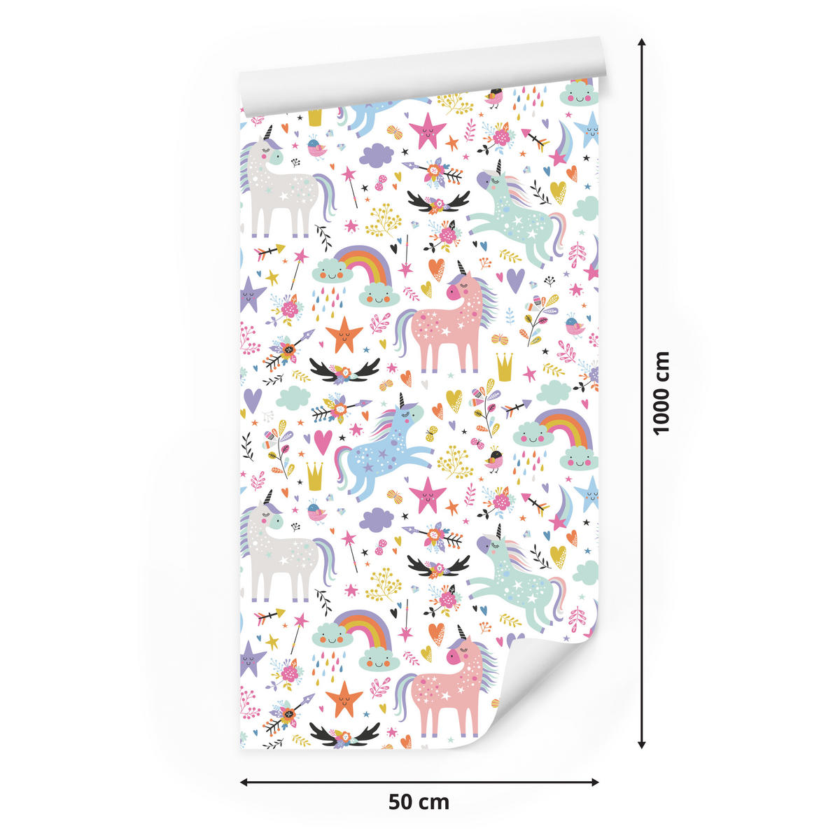 VLIESTAPETE Bunte Einhörner und Regenbogen – Bunt, Weiß – 50x1000 cm - Multicolor/Weiß, Papier (50/1000cm) - Muralo