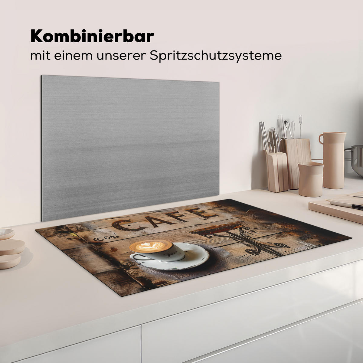 HERDABDECKPLATTE Cafe - Holz - Kaffee - Regale Ceranfeldabdeckung 85x52 cm - Schwarz, Kunststoff (85/52/0.2cm) - MuchoWow