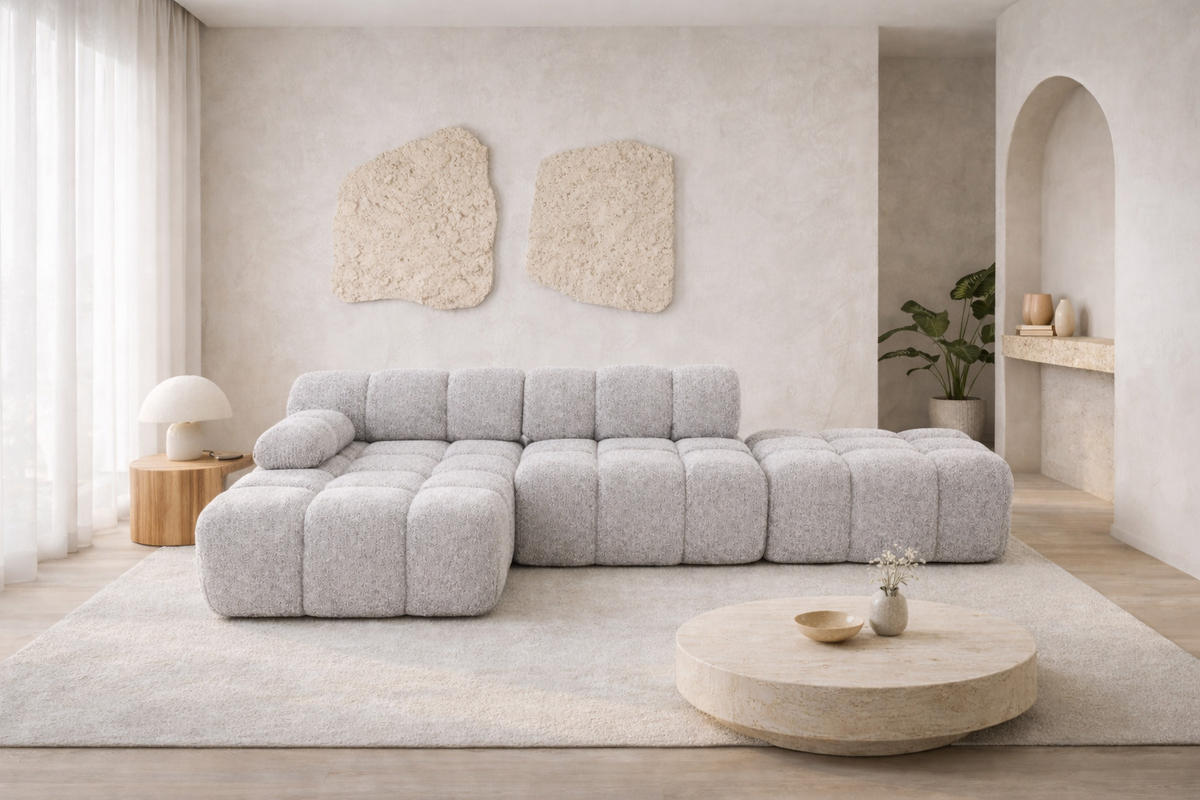 ECKSOFA L-Form Modular Mit Hocker, Bouclé-Stoff Abriamo, Hellgrau, Links, Selia - Hellgrau, Holz (285/160cm) - Kaiser Möbel
