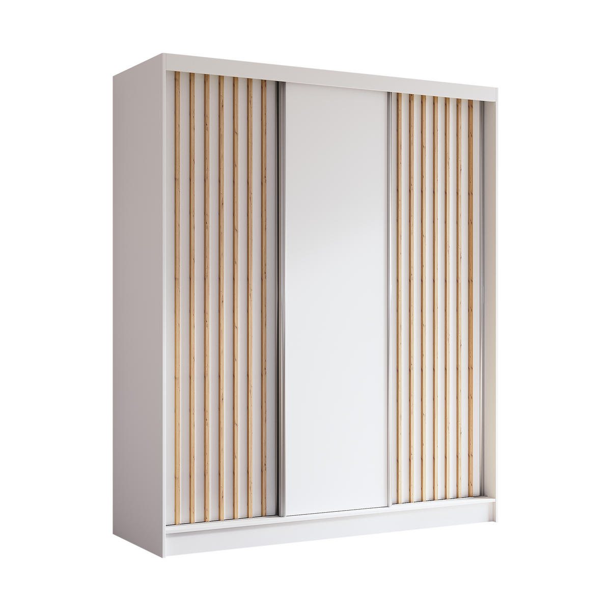 KLEIDERSCHRANK mit furnierten Schiebetüren und Aluminium-Leisten, LED-Beleuchtung - LABELO - 180 cm Weiß+Weiß+Artisan - Weiß/Eiche Artisan, Holzwerkstoff (180/216/61cm) - ALTDECOR
