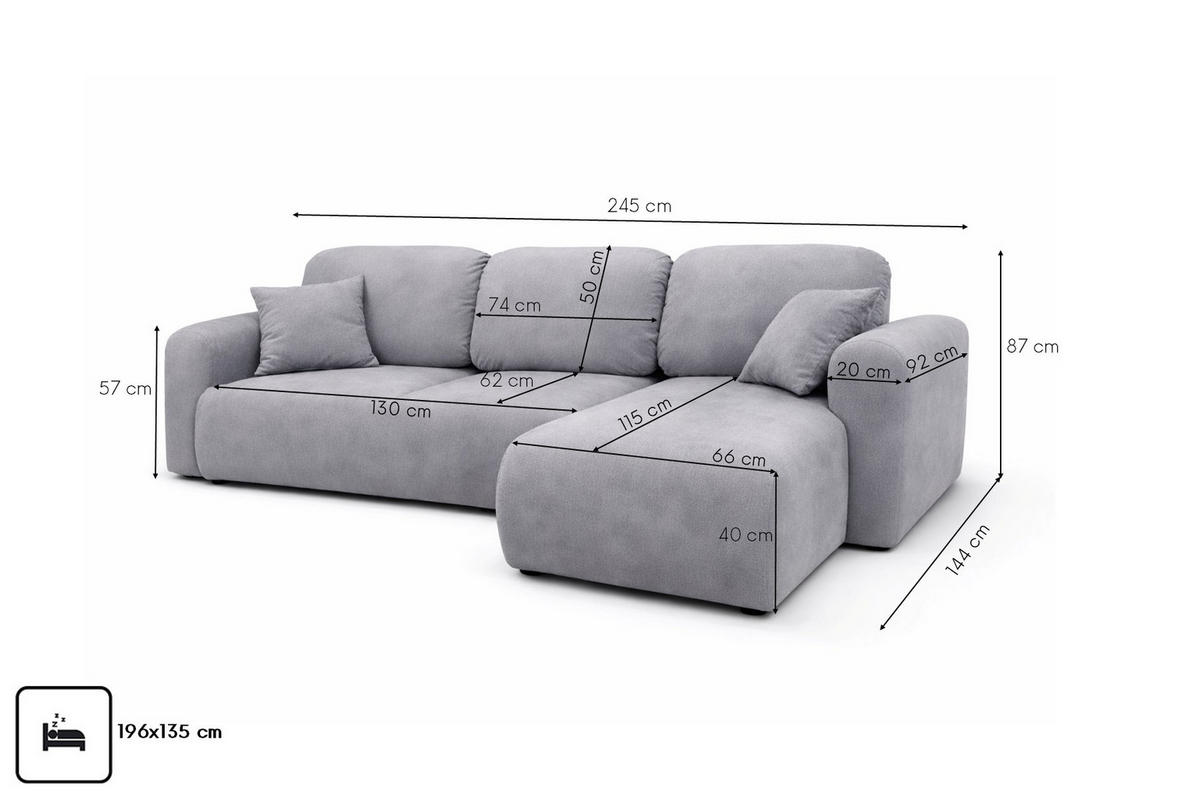 ECKSOFA Mit Schlaffunktion Und Bettkasten, Sofa L-Form Bingo L, Veloursstoff Salvador, Grau, Rechts - Grau, Holz (245/144cm) - Kaiser Möbel