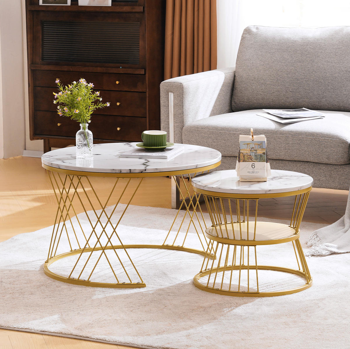 COUCHTISCH-SET 70/70/47 & 45/45/40 cm, rundes Nesting-Design mit Hochglanz-Marmormuster und Metallgestell, Weiß - Weiß, Holzwerkstoff (70/70/45cm) - Redom