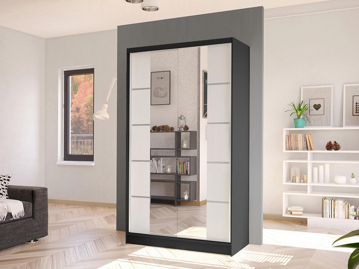 SCHWEBETÜRENSCHRANK Diego V - Schwarz/Weiß, Holzwerkstoff/Metall (100/200/58cm) - MIRJAN24