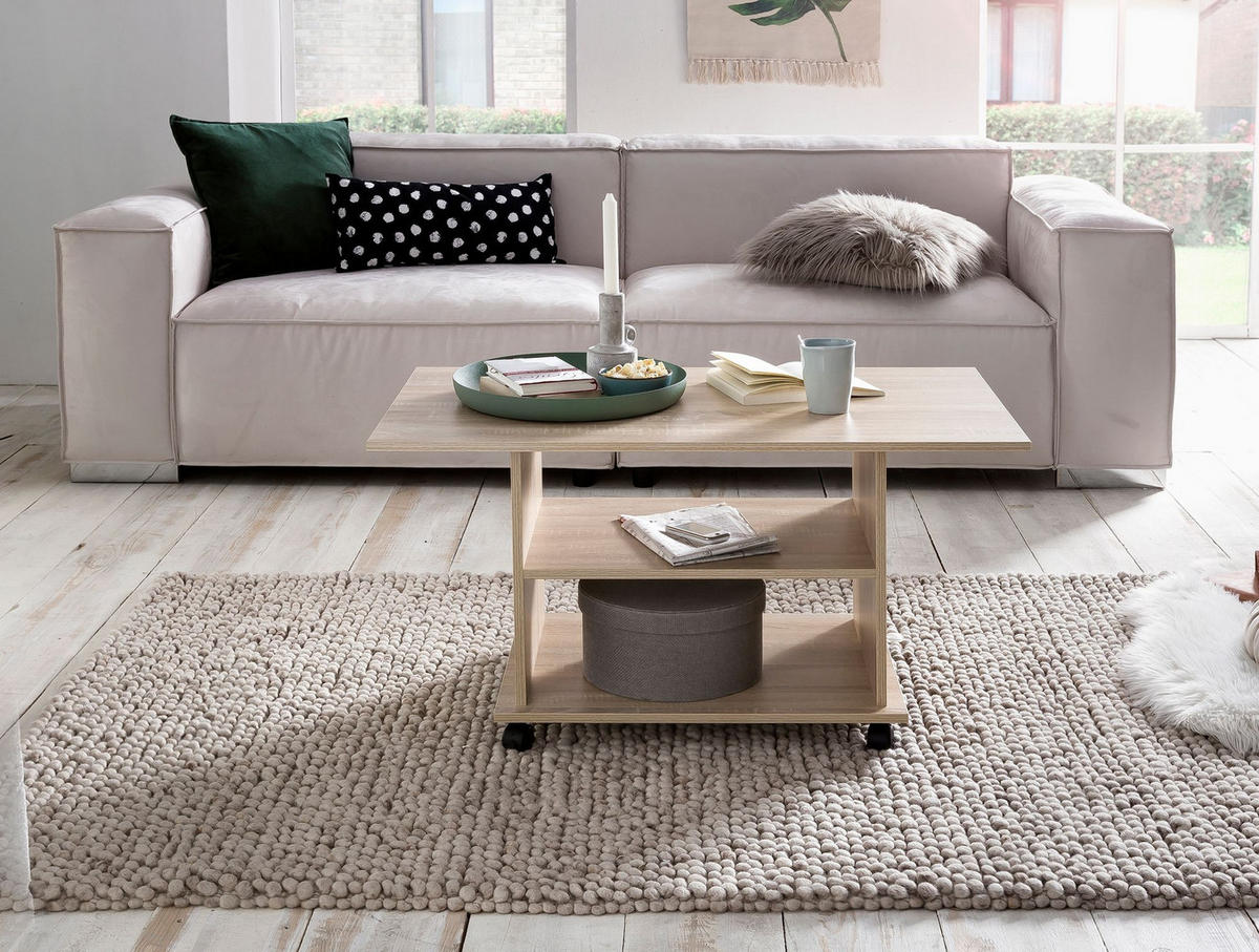 COUCHTISCH mit zwei Ablageflächen, Rollen und Melaminharzbeschichtung, Beige 95x54x51 cm - Beige/Schwarz, Holz (54/95/51cm) - KADIMA DESIGN