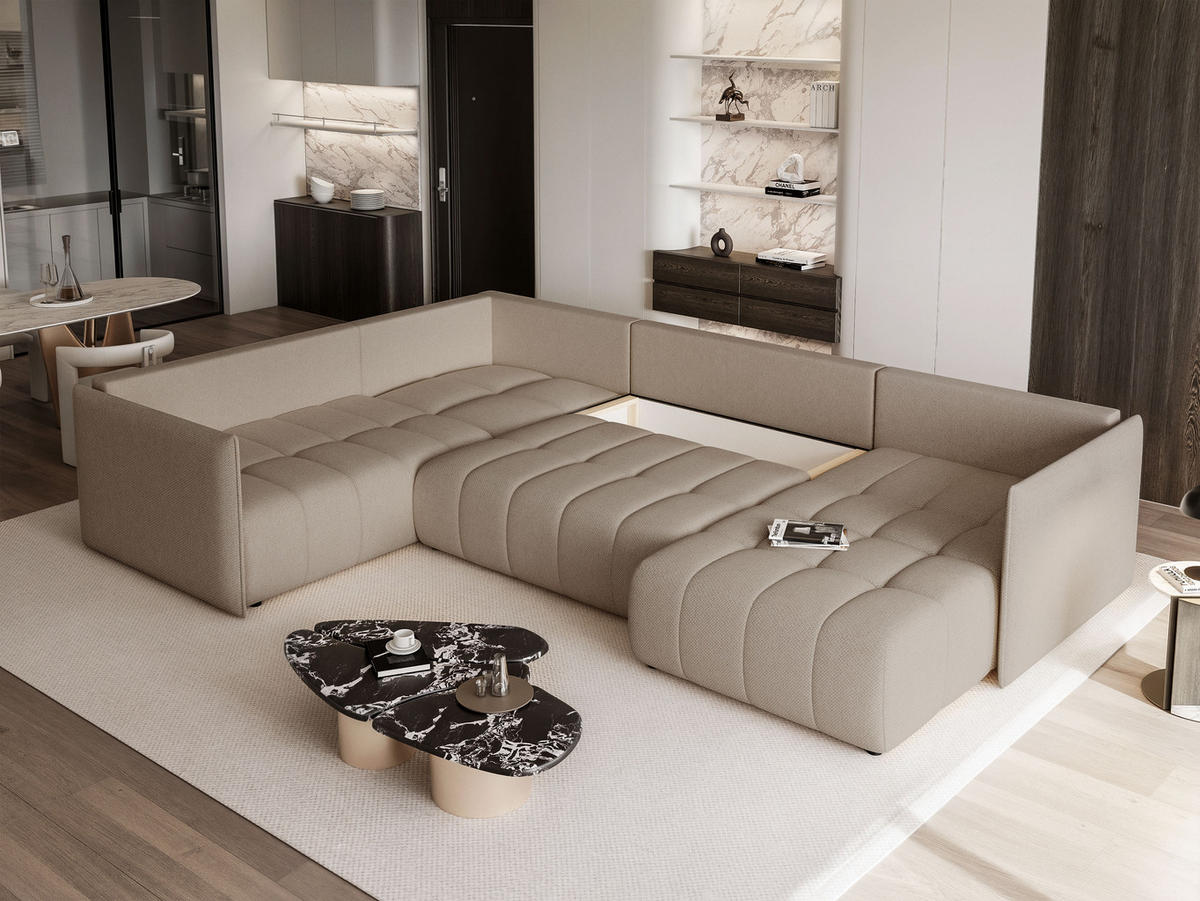 WOHNLANDSCHAFT LORISSE mit Schlaffunktion und Bettkasten Beige - Beige, Holzwerkstoff/Kunststoff (300/85/90cm) - Idohome